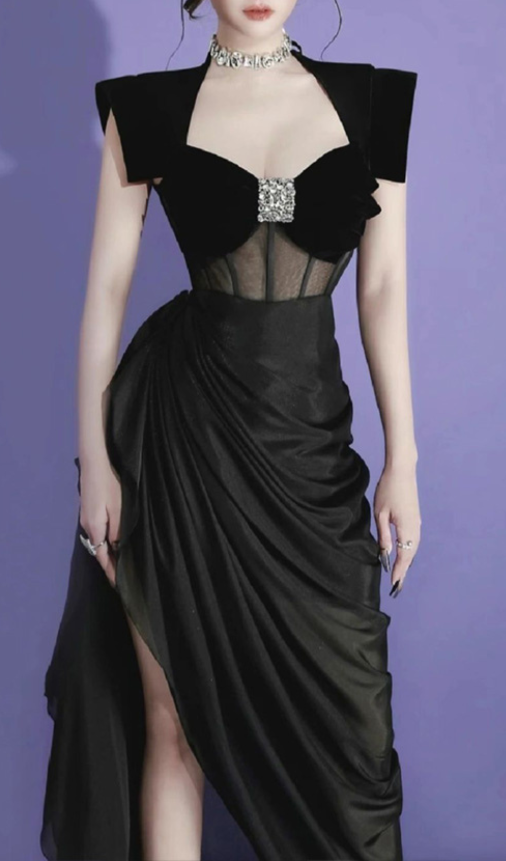 Fashionslee Women Godiva Black Corset Ruched Maxi Dress