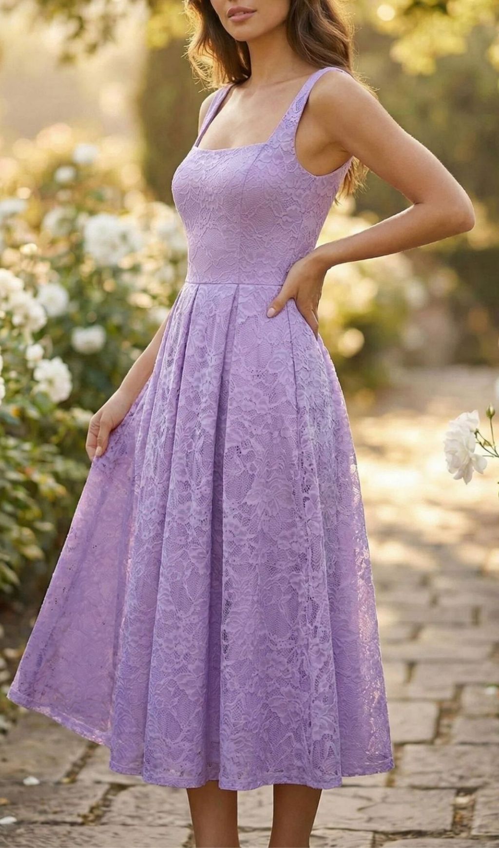 Fashionslee Women Keona Purple Lace Square Neck Midi Dress