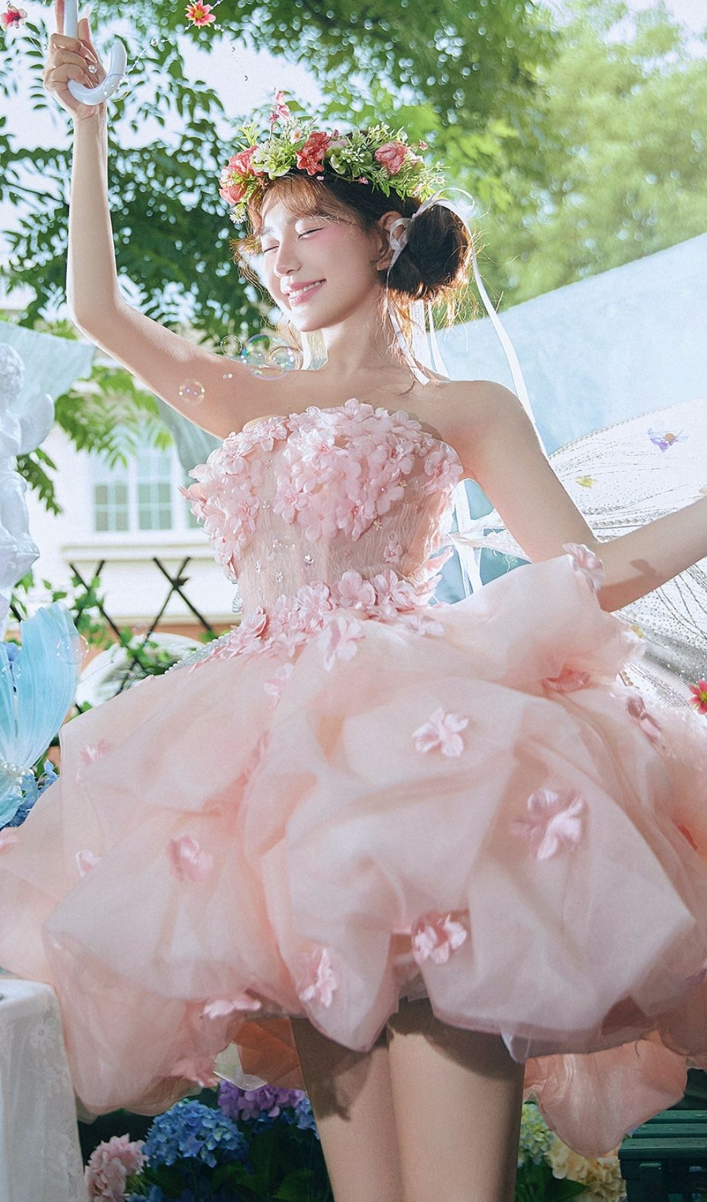 Fashionslee Women Krista Pink Strapless Flower Mini Dress