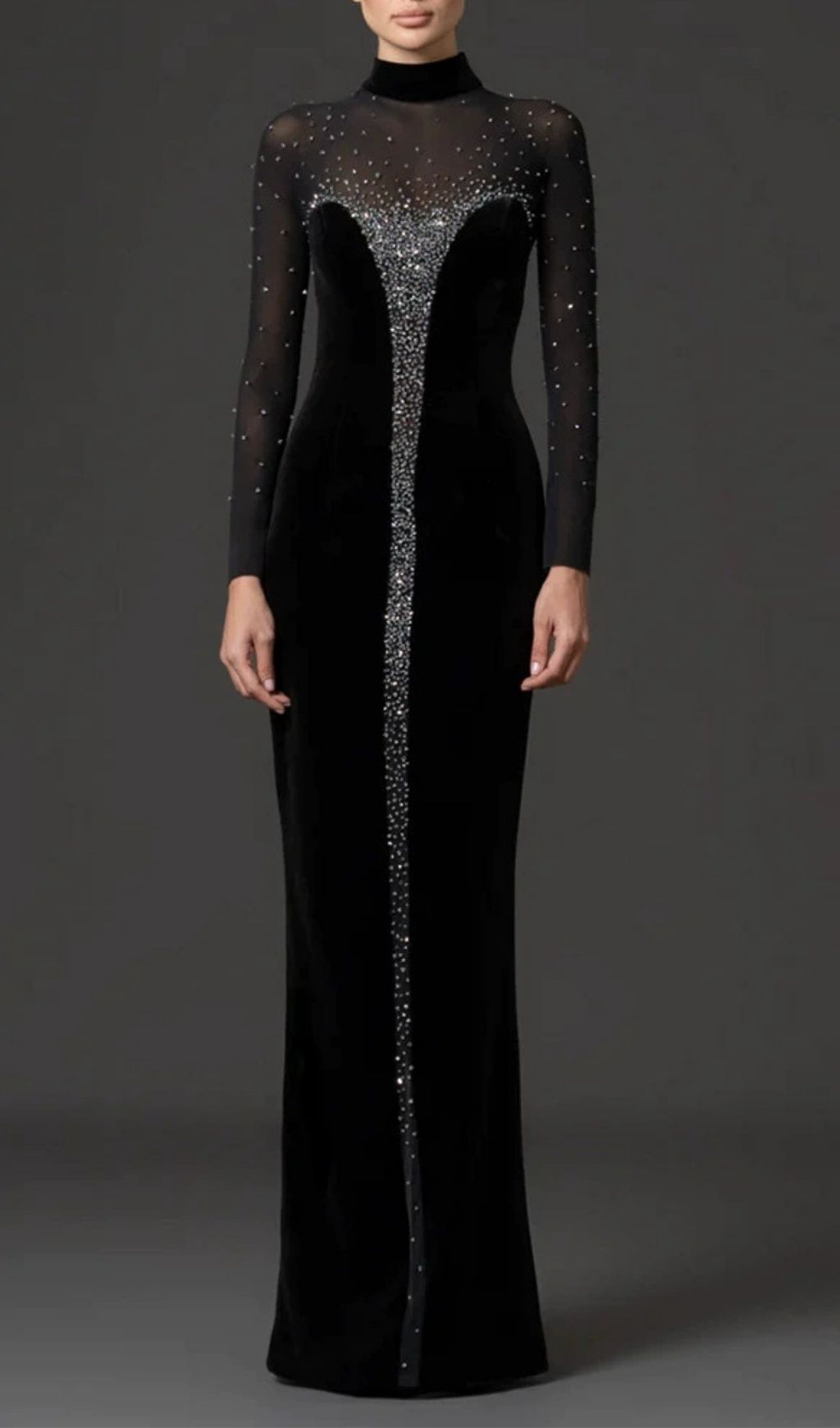 Fashionslee Women Kynlee Black Diamante Long Sleeve Velvet Maxi Dress