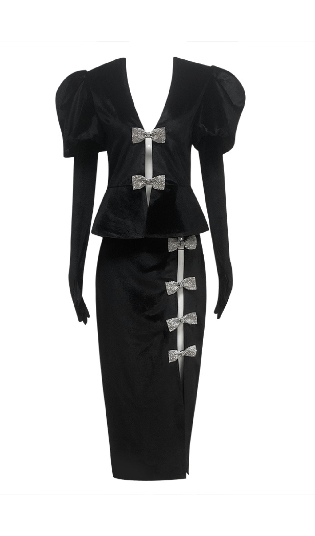 8934d291703d17336b6c23e23a4cc39f.jpg Fashionslee Women Black Short Sleeve Crystal Bow Midi Two Piece Velvet Dress