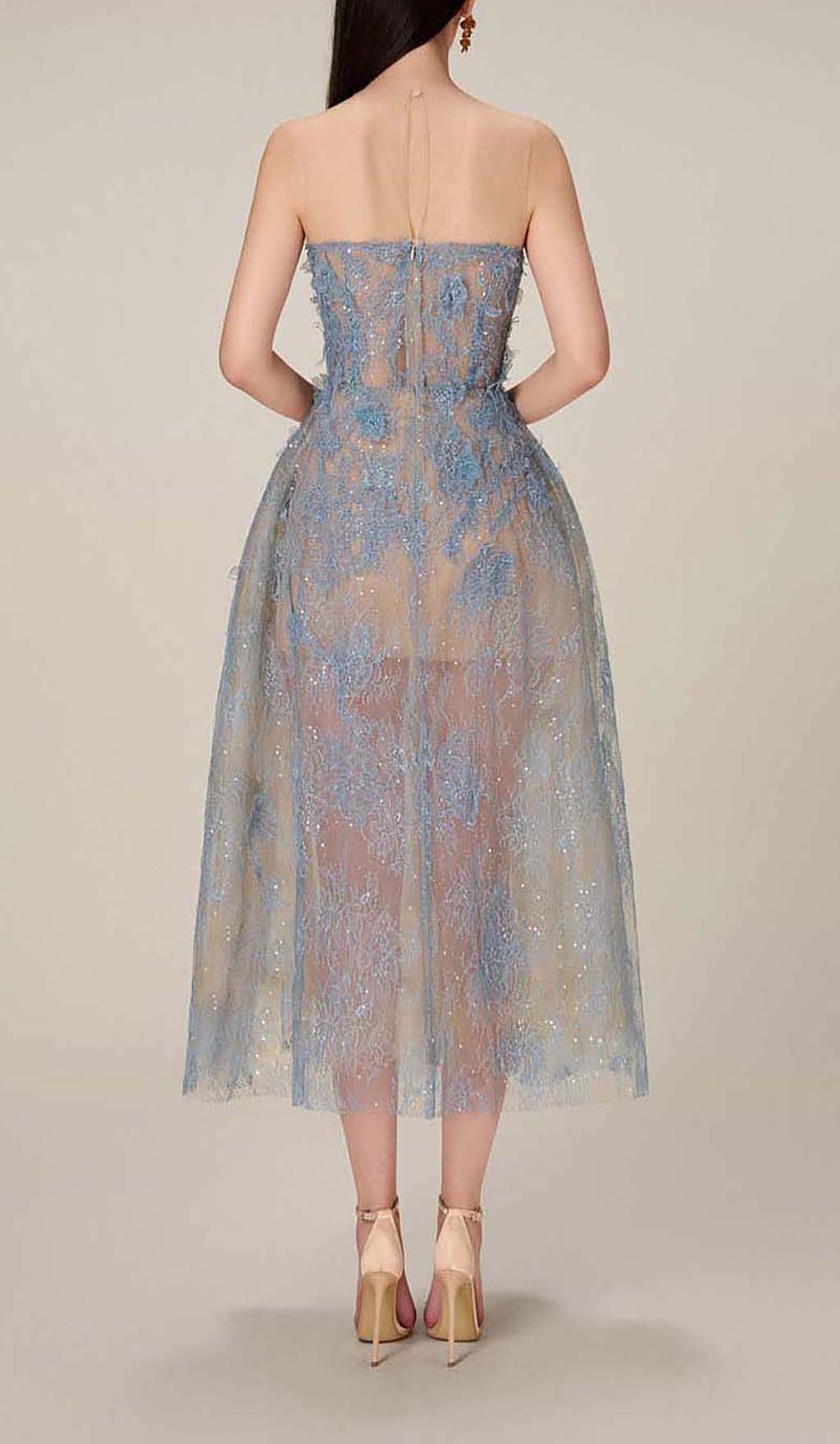 Fashionslee Women Allyson Blue Floral Lace Embroider Midi Dress