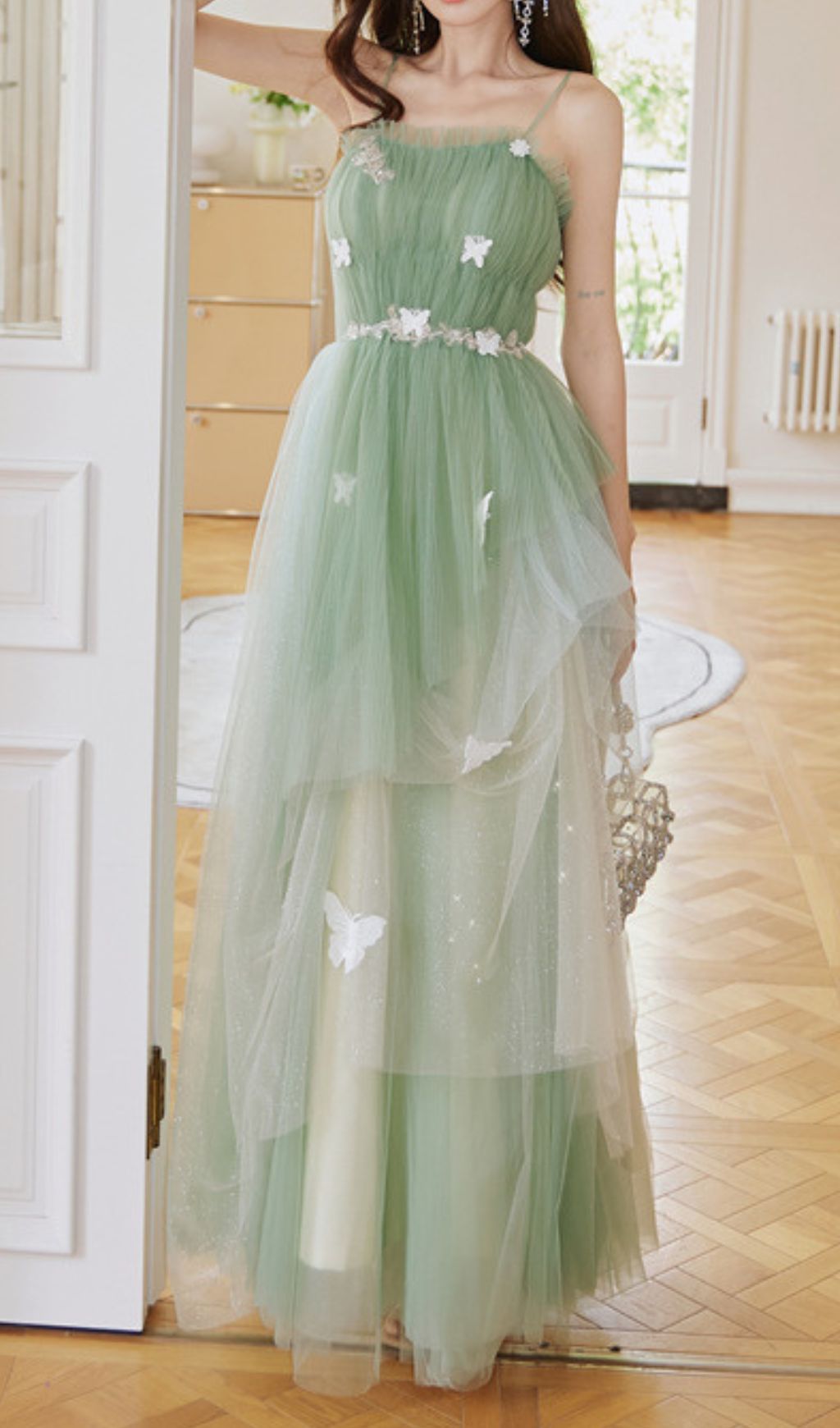 Fashionslee Women Freira Green Strappy Butterfly Mesh Maxi Dress