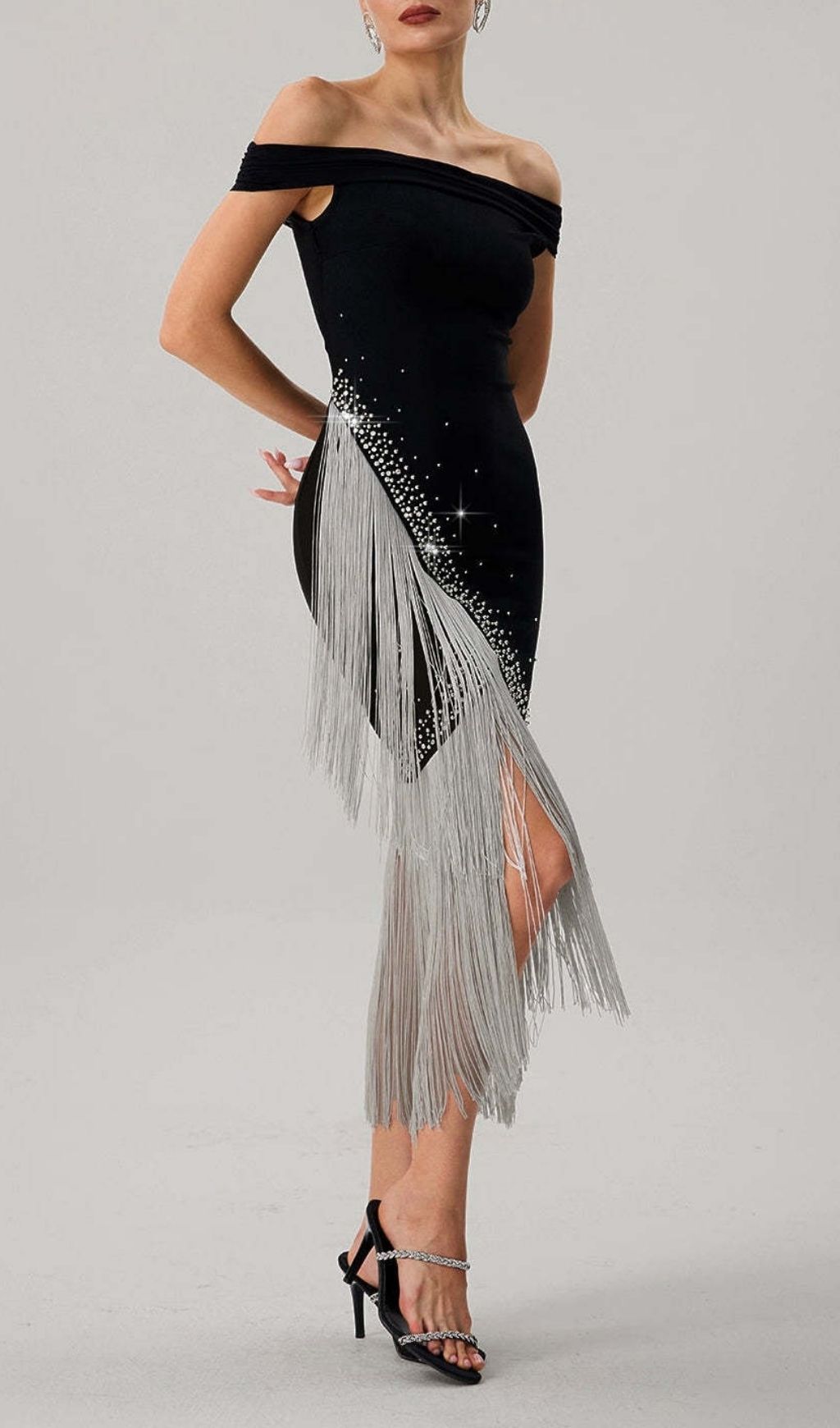 Fashionslee Women Koda Silver Tassel Diamante Bandage Midi Dress