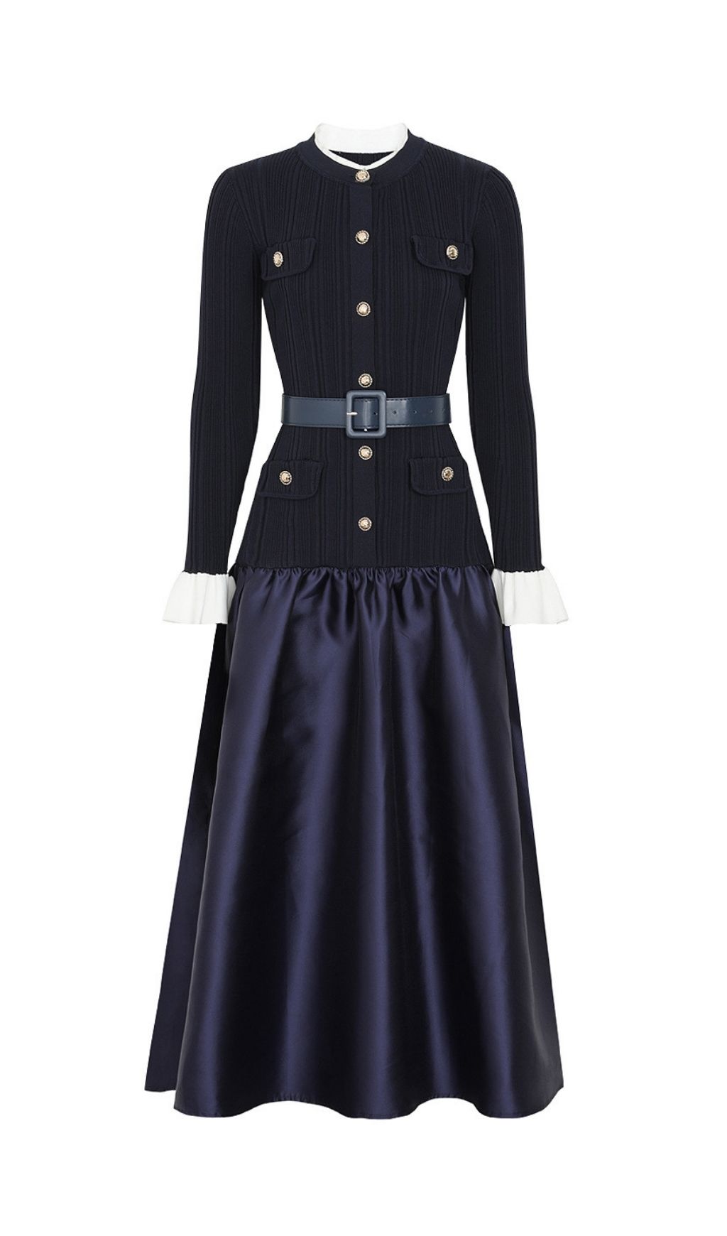 Fashionslee Women Kawena Navy Knit Long Sleeve Midi Dress