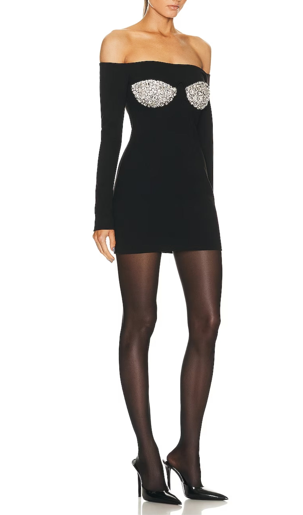 8a3dd68f9ec1ceb46d732ac8d04cdf08.jpeg Fashionslee Women Black Off Shoulder Crystal Cup Mini Dress
