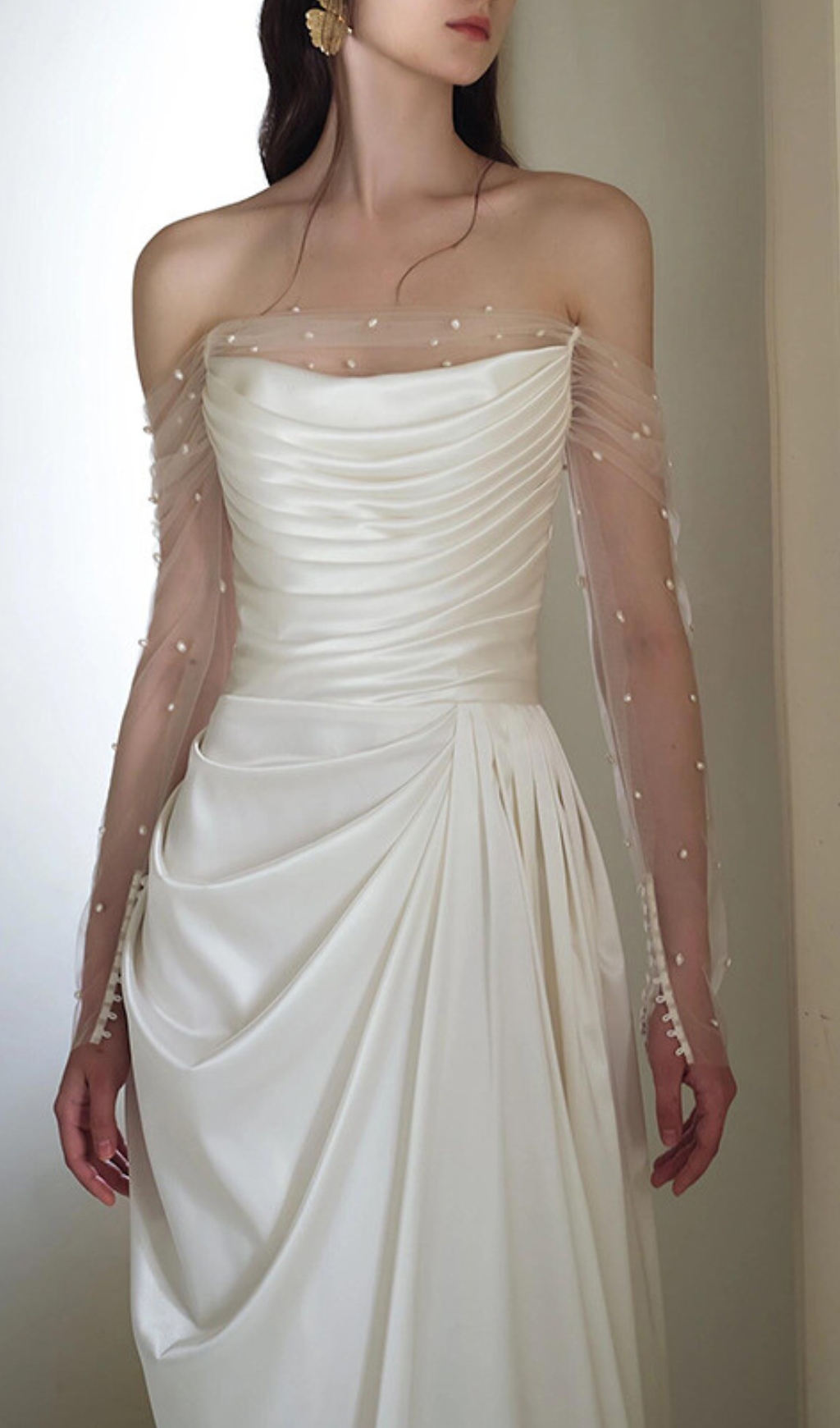 8a725318aa5e520c43e2d2a5e81a56ad.jpg Fashionslee Women Delta White Mesh Sleeve Ruched Wedding Dress