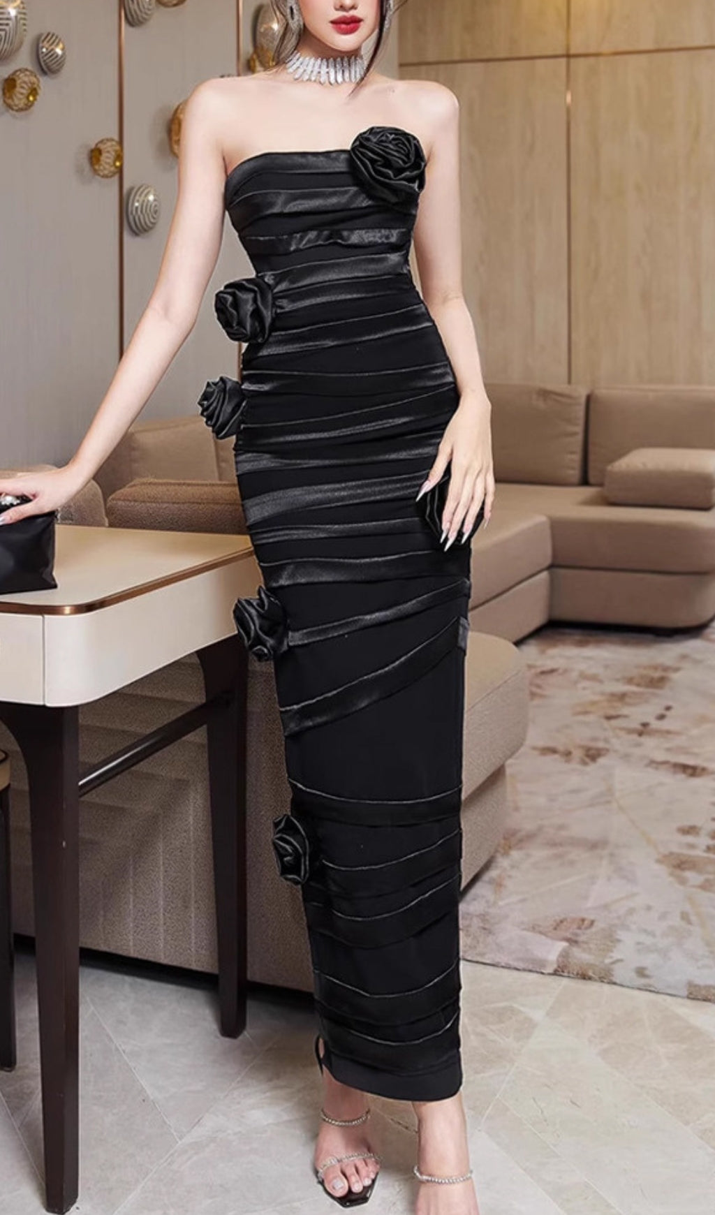 Fashionslee Women Andi Black Flower Embellished Maxi Dress