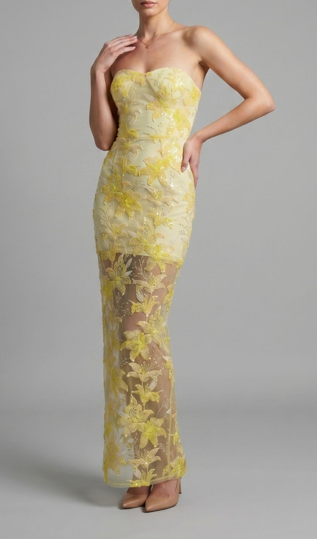 Fashionslee Women Kikuyo Yellow Strapless Sequin Floral Maxi Dress
