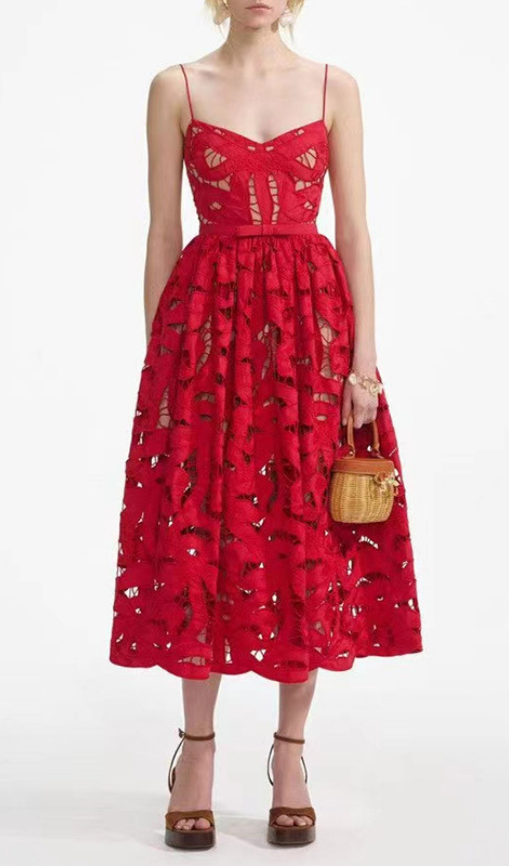 Fashionslee Women Fay Red Strappy Embroidery Midi Dress