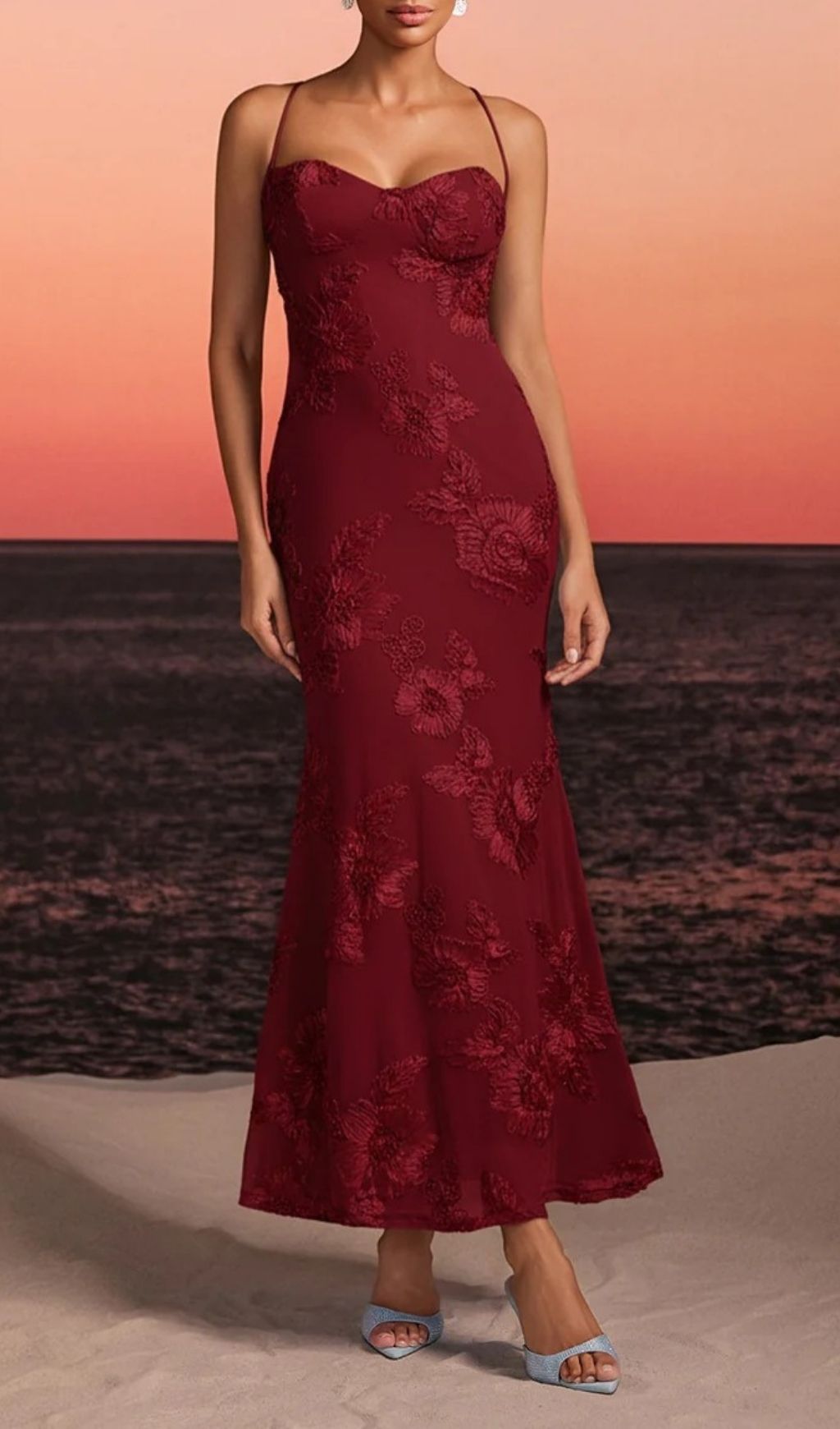 Fashionslee Women Zryne Spaghetti Embroidered Flower Maxi Dress In Wine