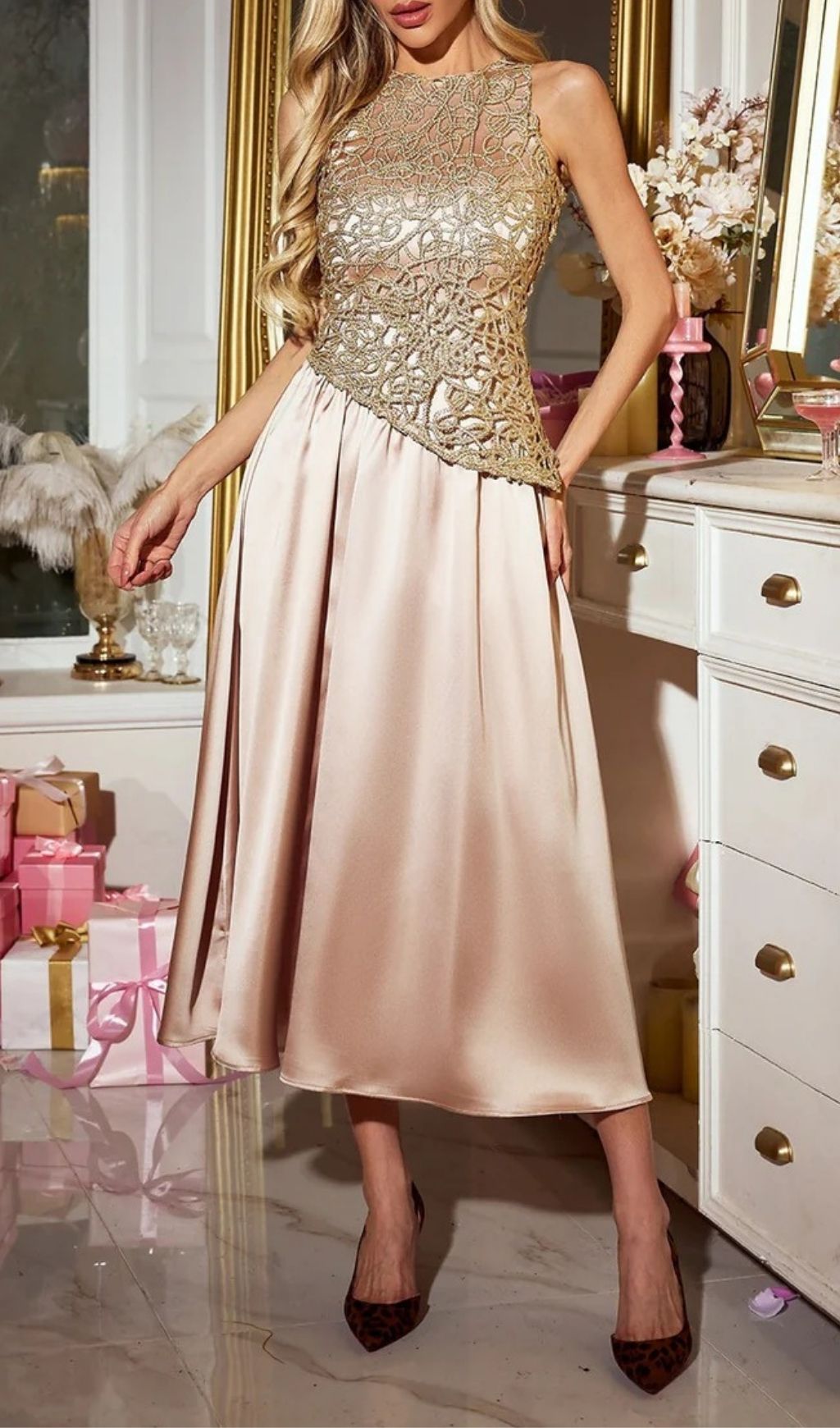 Fashionslee Women Xorvin Sleeveless Satin Midi Dress