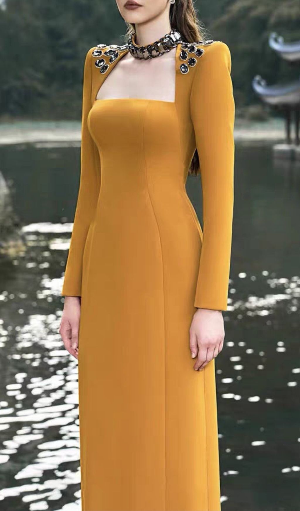 Fashionslee Women Kellyn Rhinestone Long Sleeve Maxi Dress