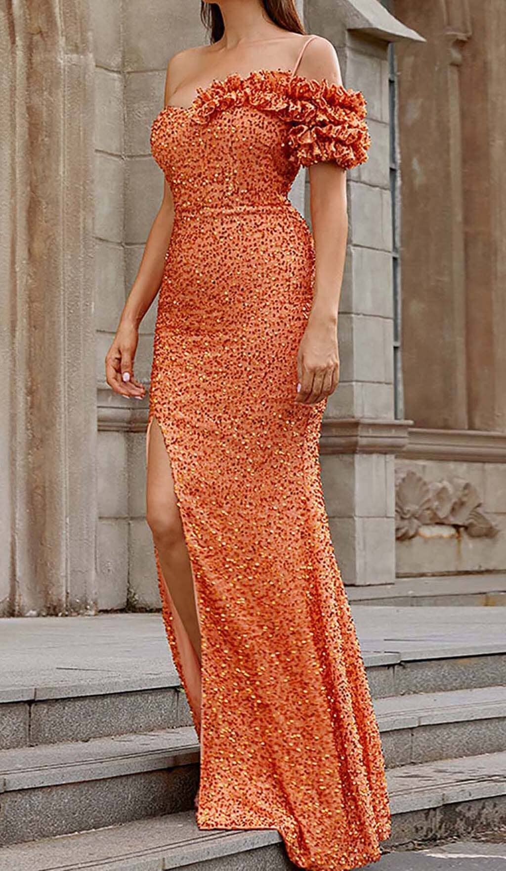 8b3a611364fb6eb850e2e8b2d7d040a2.jpeg Fashionslee Women Ayn Orange Sequined Slit Maxi Dress