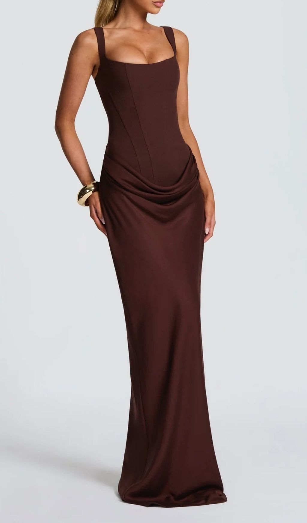 Fashionslee Women Keelia Brown Strappy Corset Ruched Maxi Dress