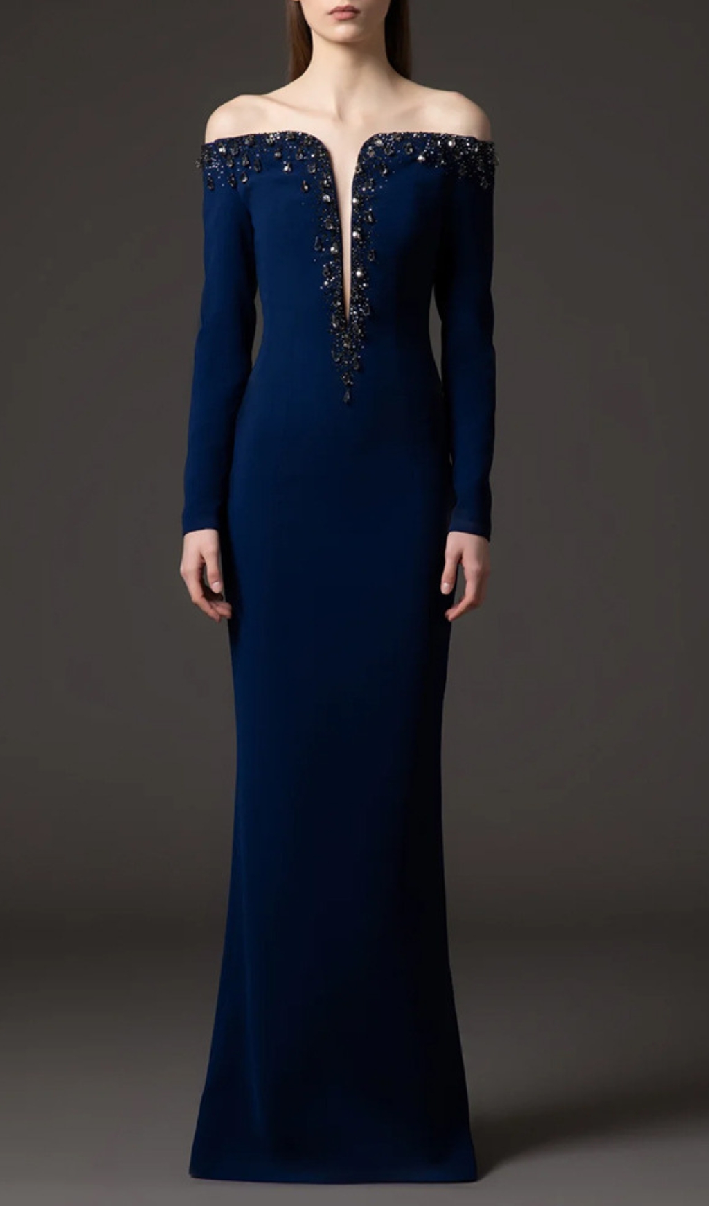 Fashionslee Women Eurybia Navy Off-Shoulder Crystal Maxi Dress