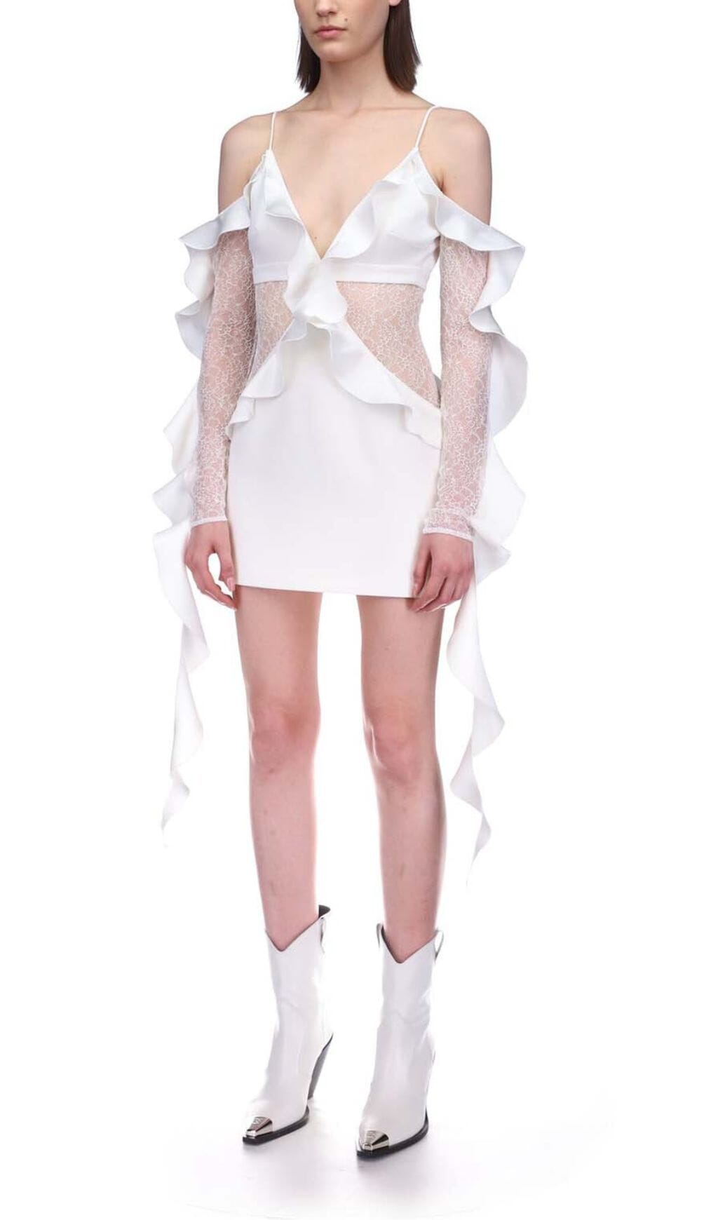 Fashionslee Women Ruffled Lace Mini Dress In White