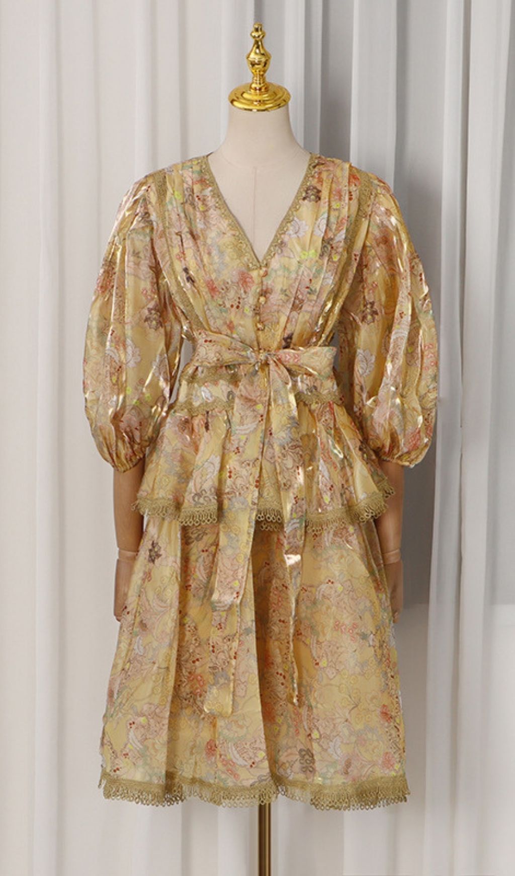 Fashionslee Women Kirra Yellow V-Neck Printed Puff Sleeve Midi Dress