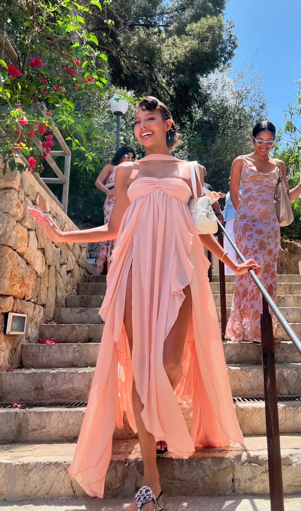 VIRAL NUDE BACKLESS MAXI DRESS IN LAYERED CHIFFON - OWNCI