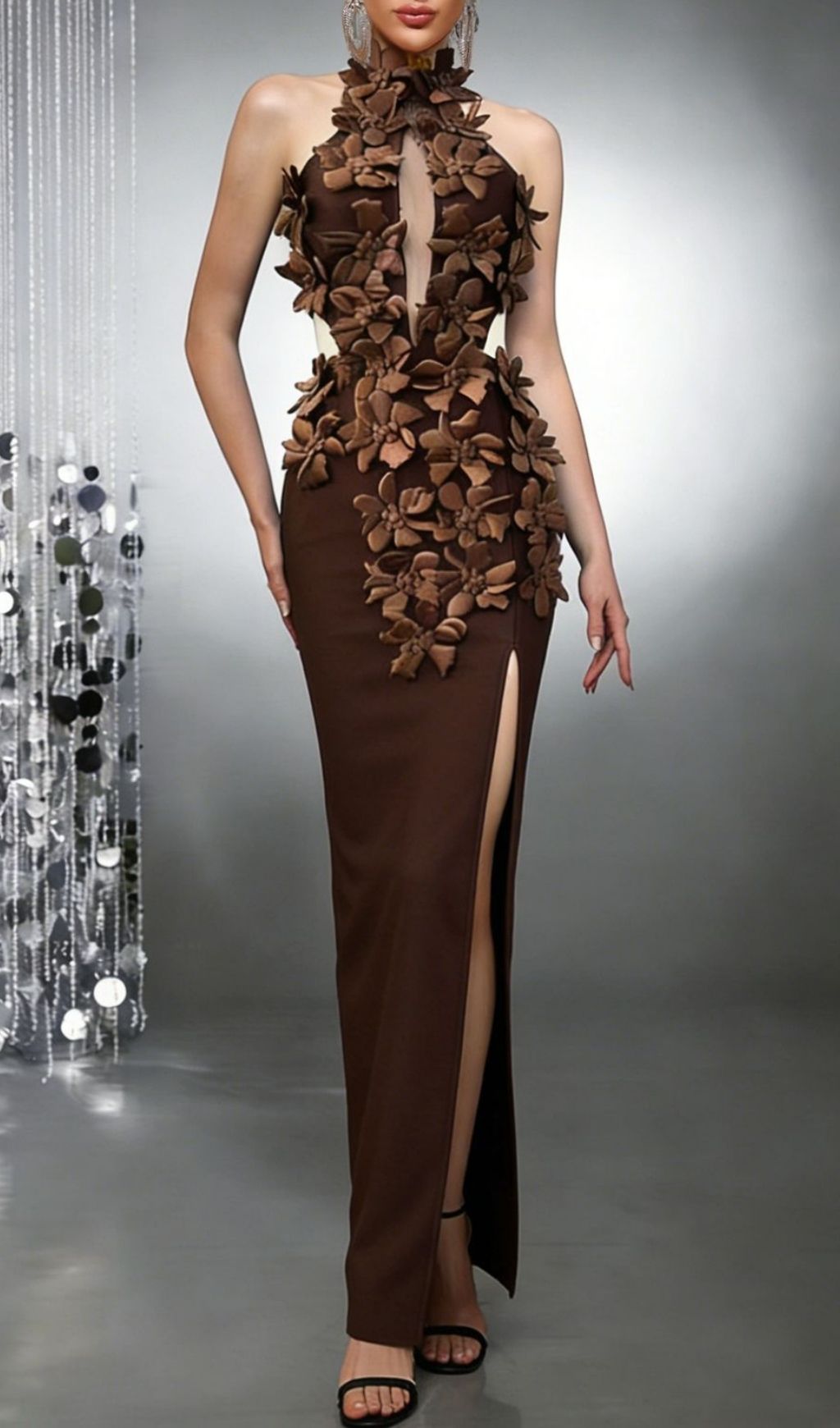 Fashionslee Women Kelsie Brown Flower Bandage Maxi Dress