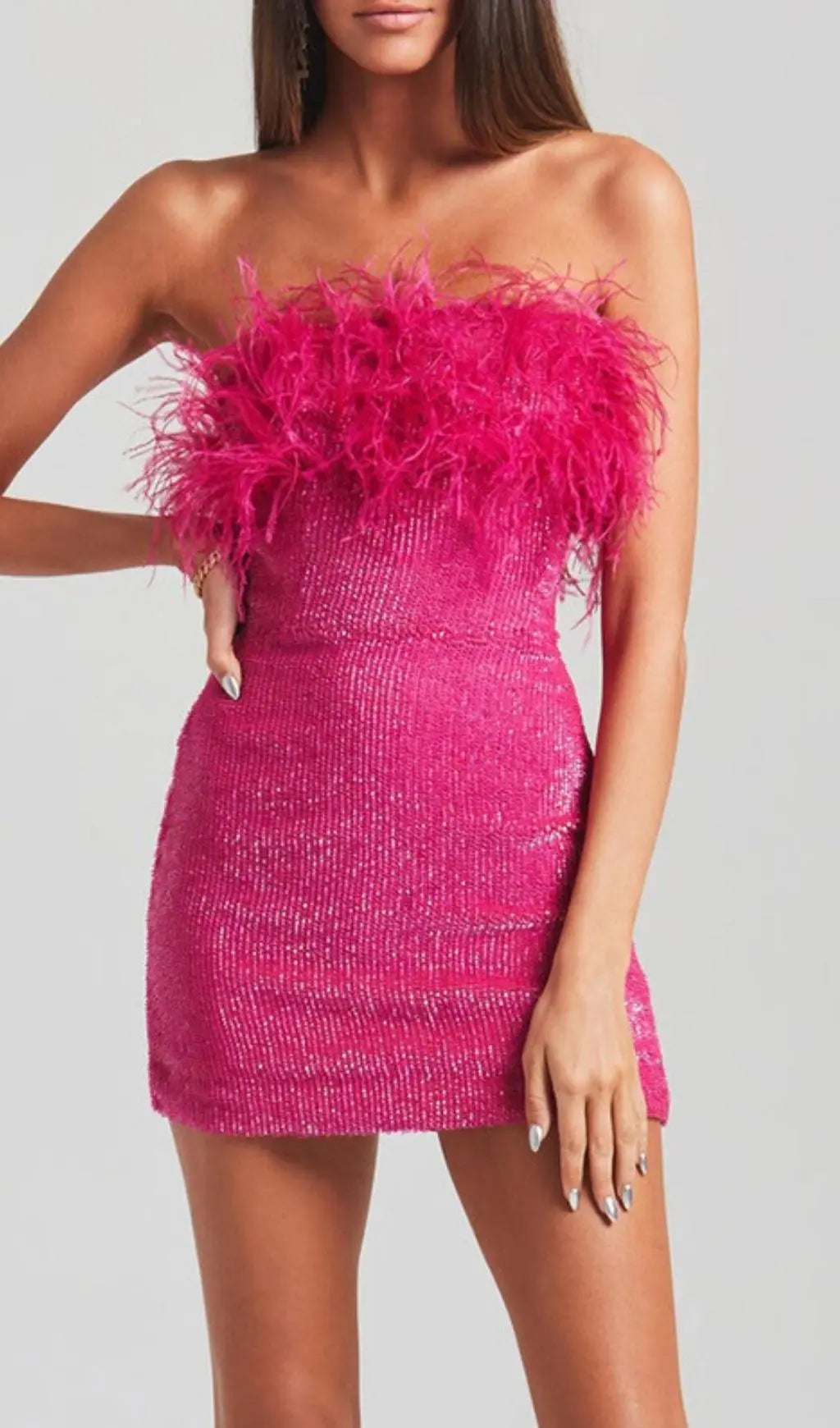 8c087ff904f1ddaa6ee4fabb5b321740.jpeg Fashionslee Women Sequin Feather Strapless Mini Dress In Hot Pink
