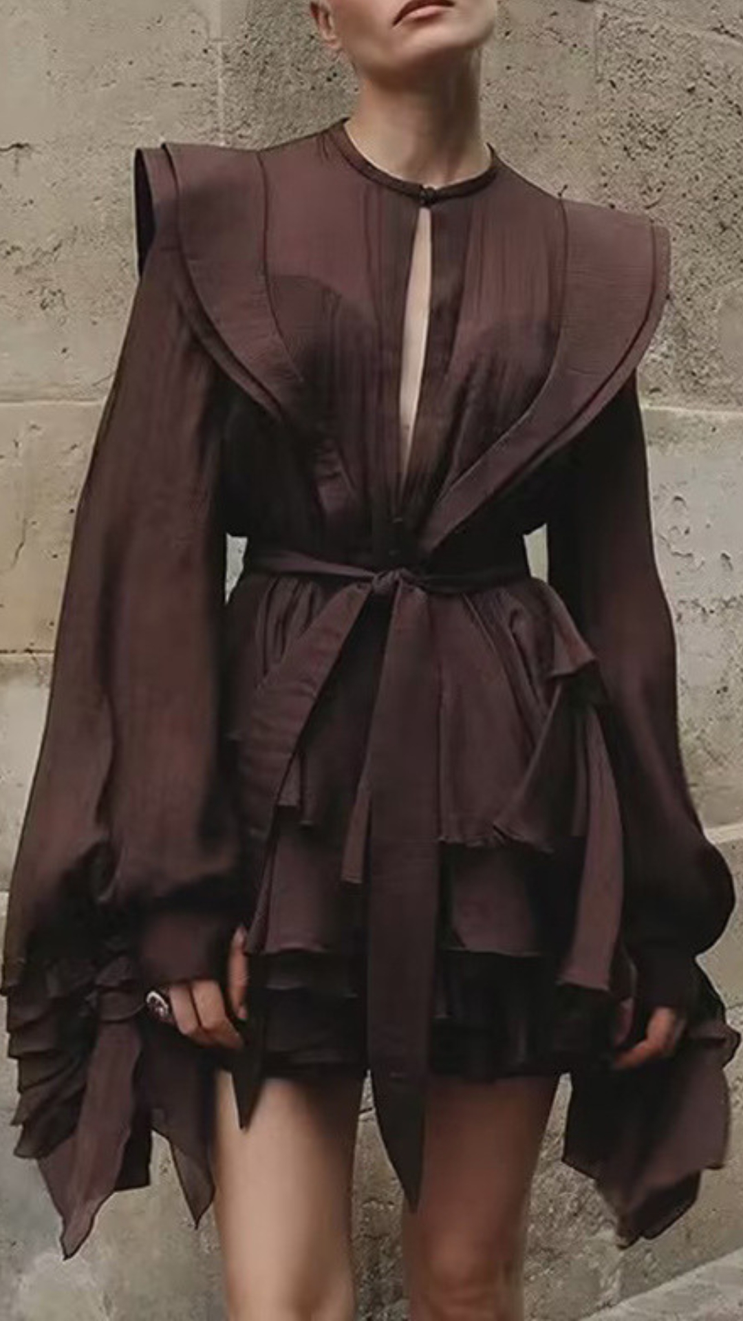 Fashionslee Women Fleur Brown Long Sleeve Ruffle Mini Dress