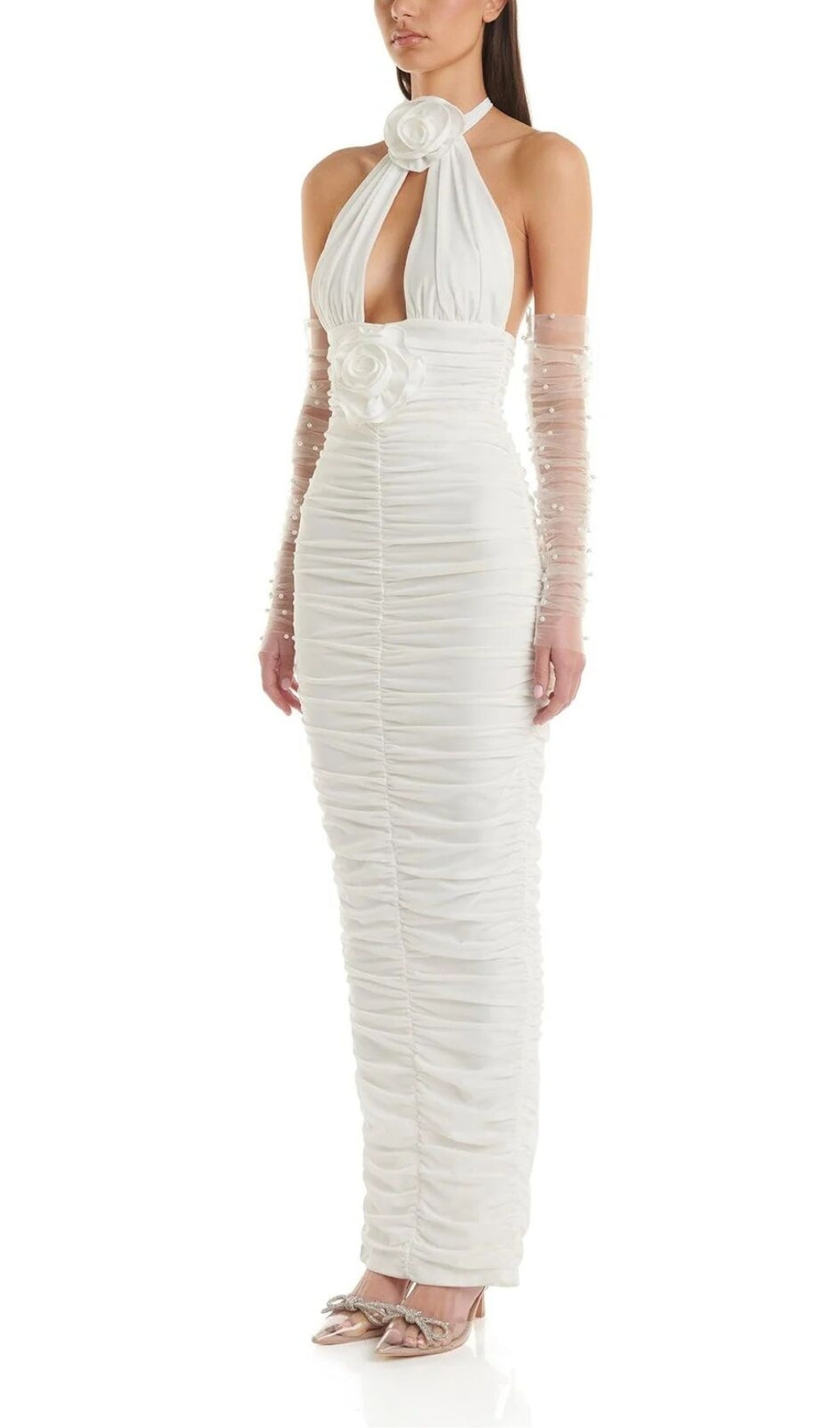 Fashionslee Women White 3D Floral Circle Neck Bandage Maxi Dress