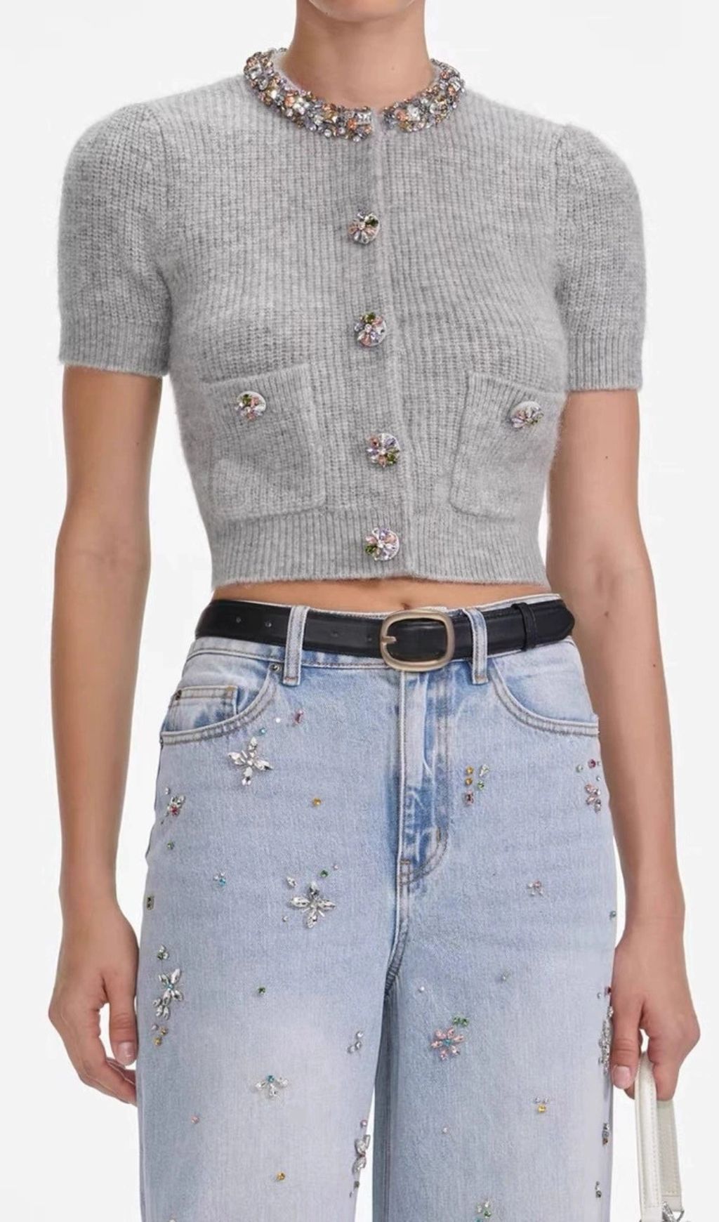 Fashionslee Women Henrike Grey Embellished Knit Top