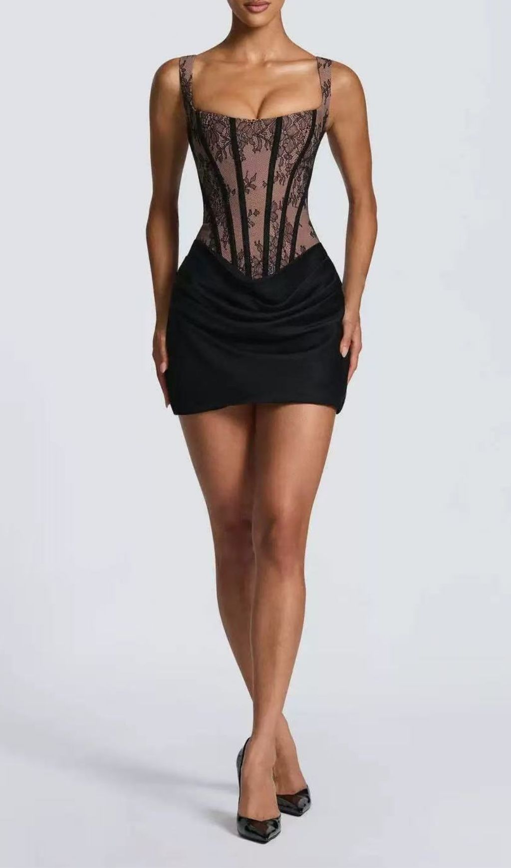 Fashionslee Women Katty Black Lace Corset Mini Dress