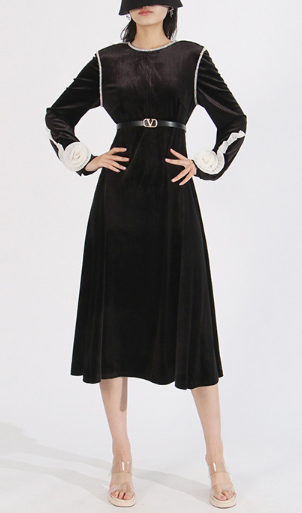 Fashionslee Women Cleave Black Flower Long Sleeve Midi Dress