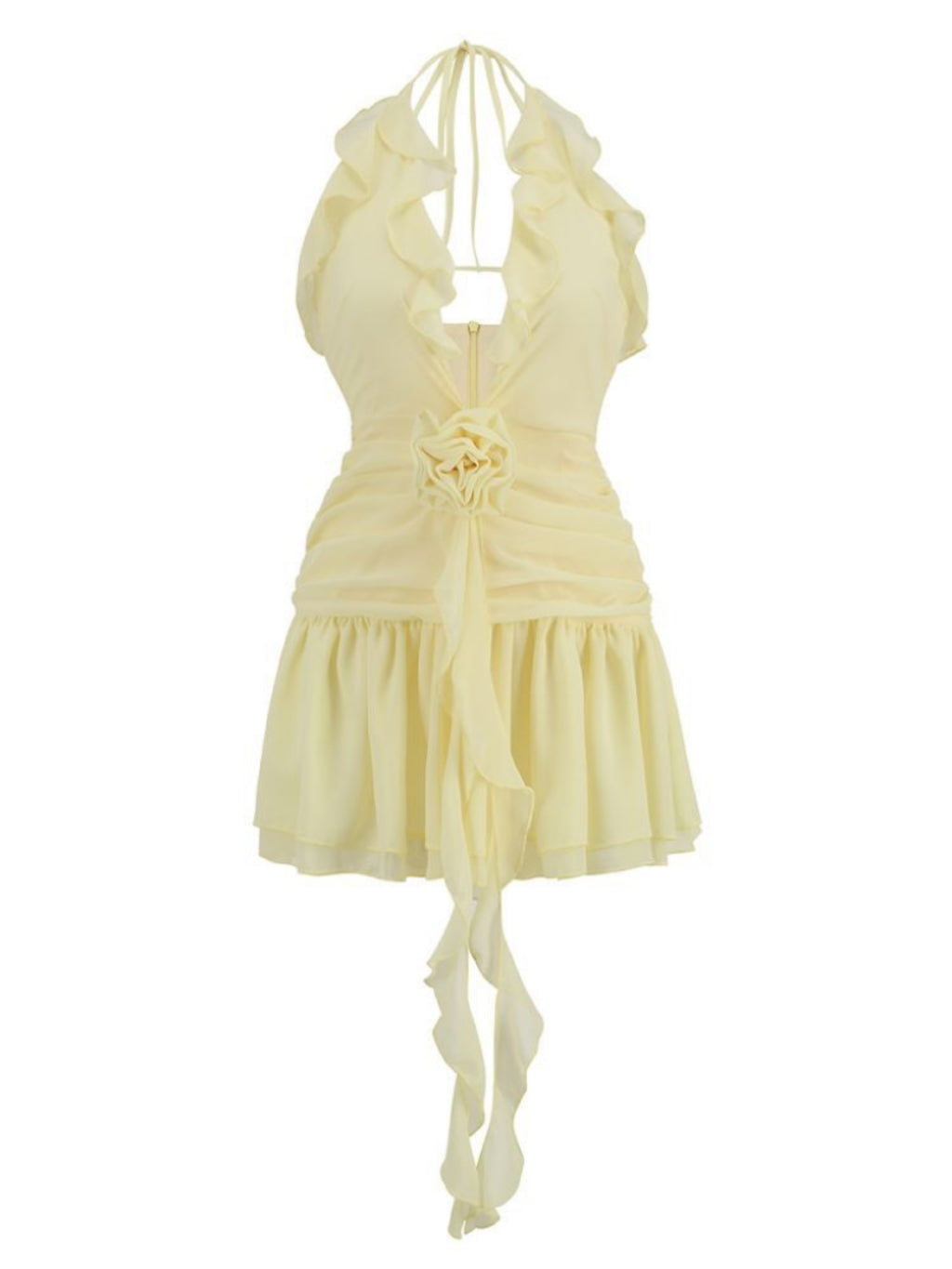 8c94806d9e3511c322dc1e1d6f122b46.jpeg Fashionslee Women V Neck Flower Ruffle Mini Dress In Yellow