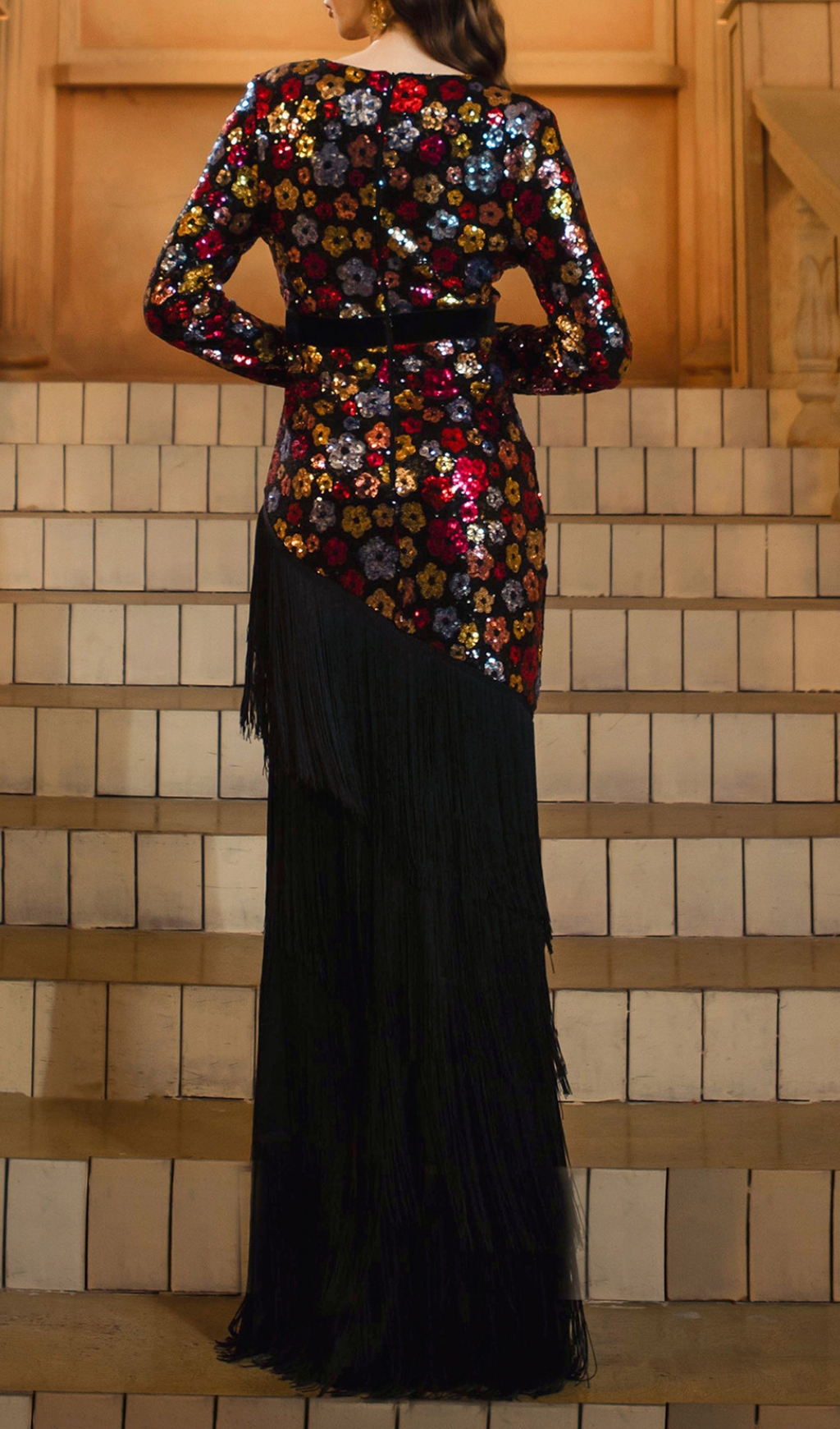 Fashionslee Women Dimaia Flower Sequin Tassel Long Sleeve Maxi Dress