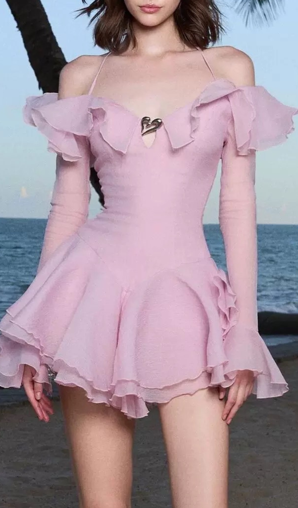 Fashionslee Women Brandee Pink Long Sleeve Ruffle Hem Mini Dress
