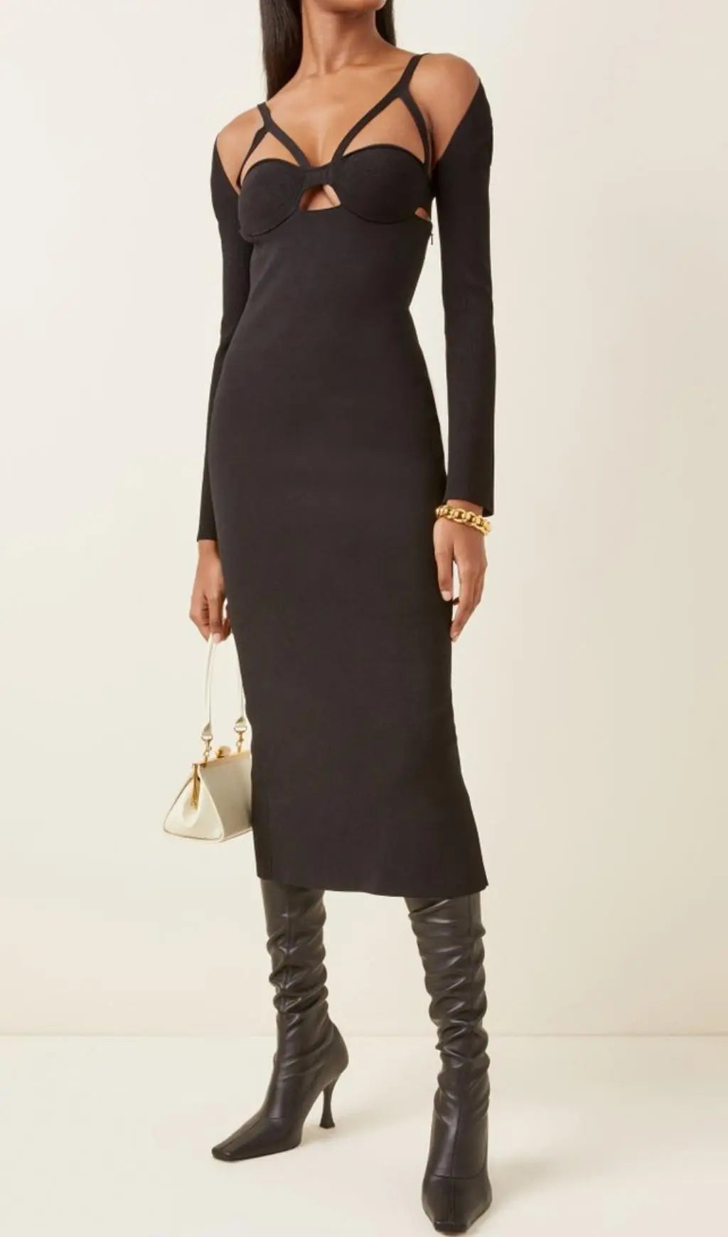 Fashionslee Women Black Hollow Out Midi Bandage Dress