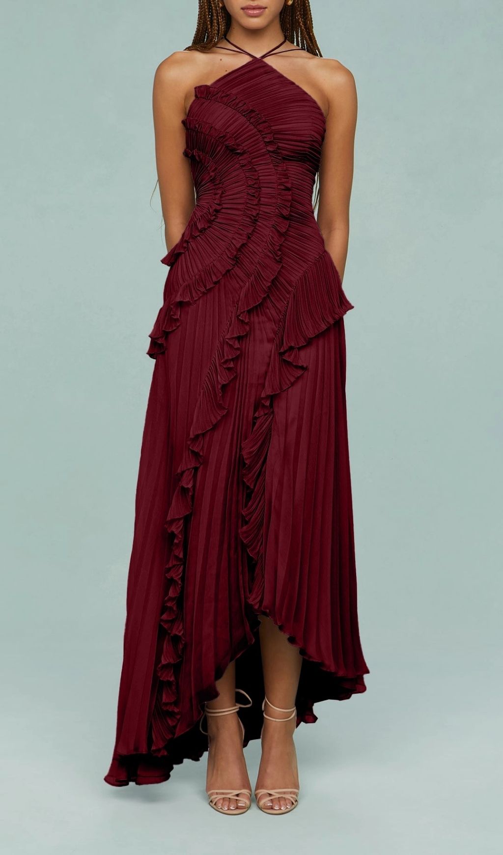 Fashionslee Women Finneas Red Halter Pleated Maxi Dress