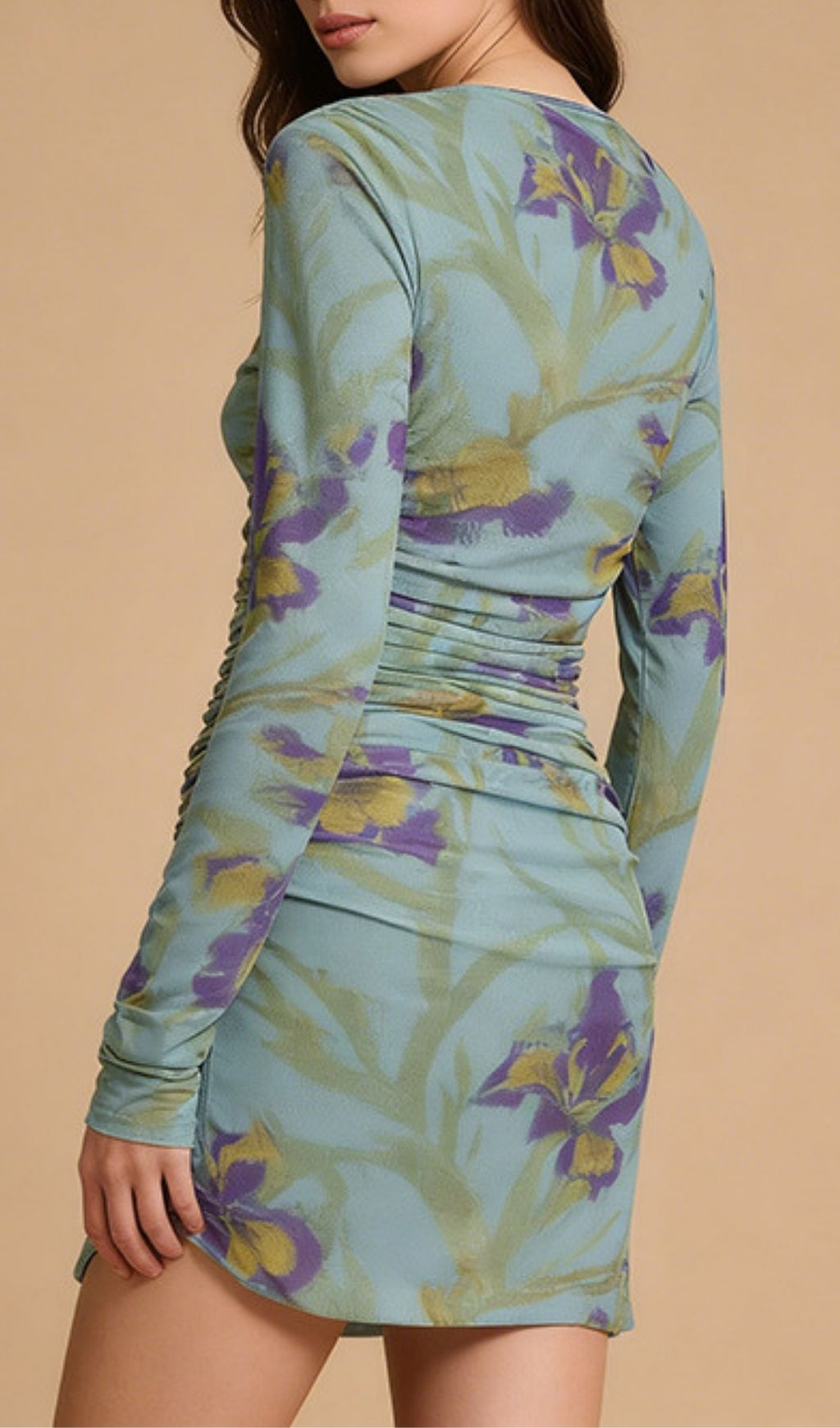 Fashionslee Women Keshia Printed Ruched Long Sleeve Mini Dress
