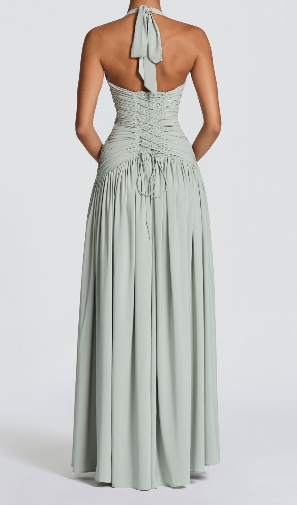 Fashionslee Women Kelley Celadon Halter Ruched Maxi Dress