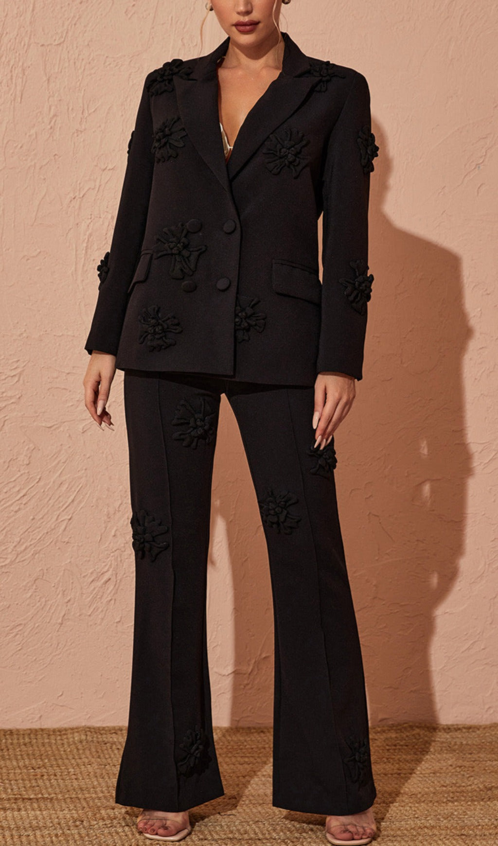 Fashionslee Women Acedia Black Three Dimensional Floral Suit