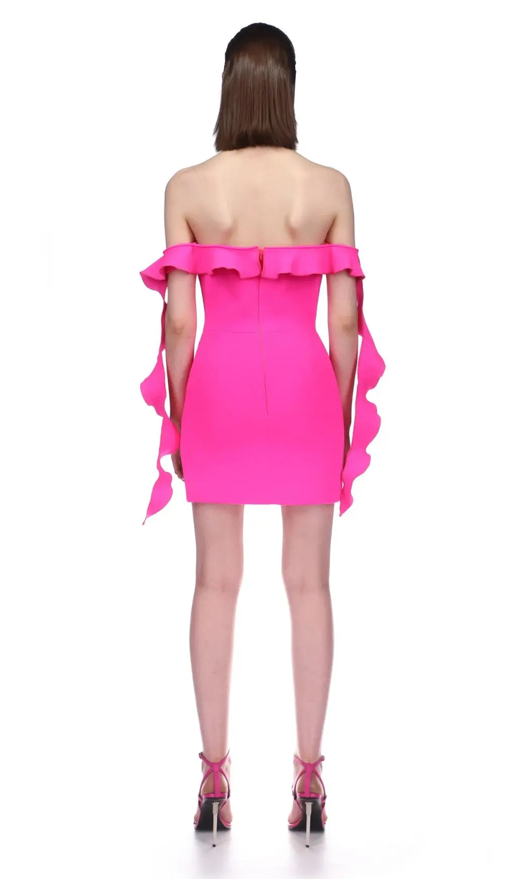 Fashionslee Women Pink Ruffled Off The-Shoulder Mini Bandage Dress