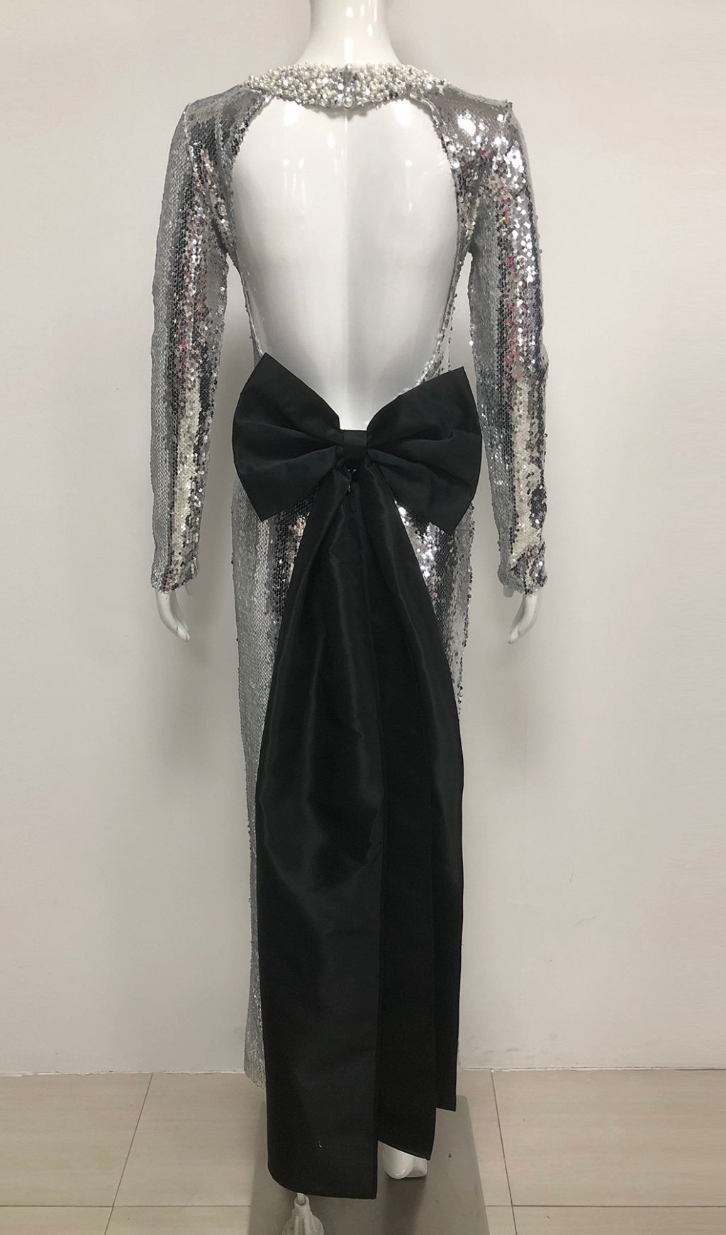 8e2304ab29b103c058b5a465f4010d51.jpg Fashionslee Women Jenesis Silver Sequin Bow Backless Maxi Dress