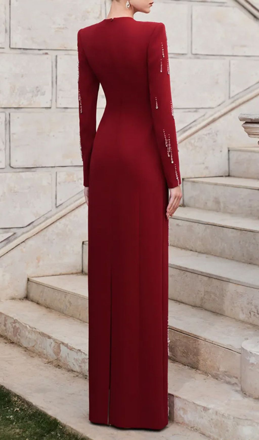 Fashionslee Women Joyita Red Long Sleeve Diamante Maxi Dress
