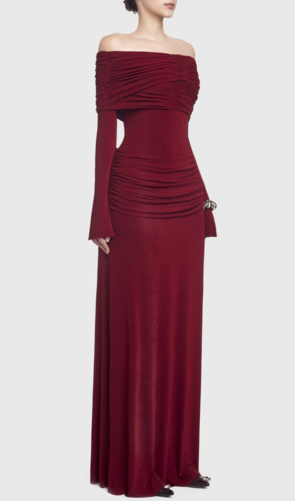 8e47add17fe3e09ca9652670ecb04080.jpg Fashionslee Women Gala Wine Off-Shoulder Ruched Long Sleeve Maxi Dress