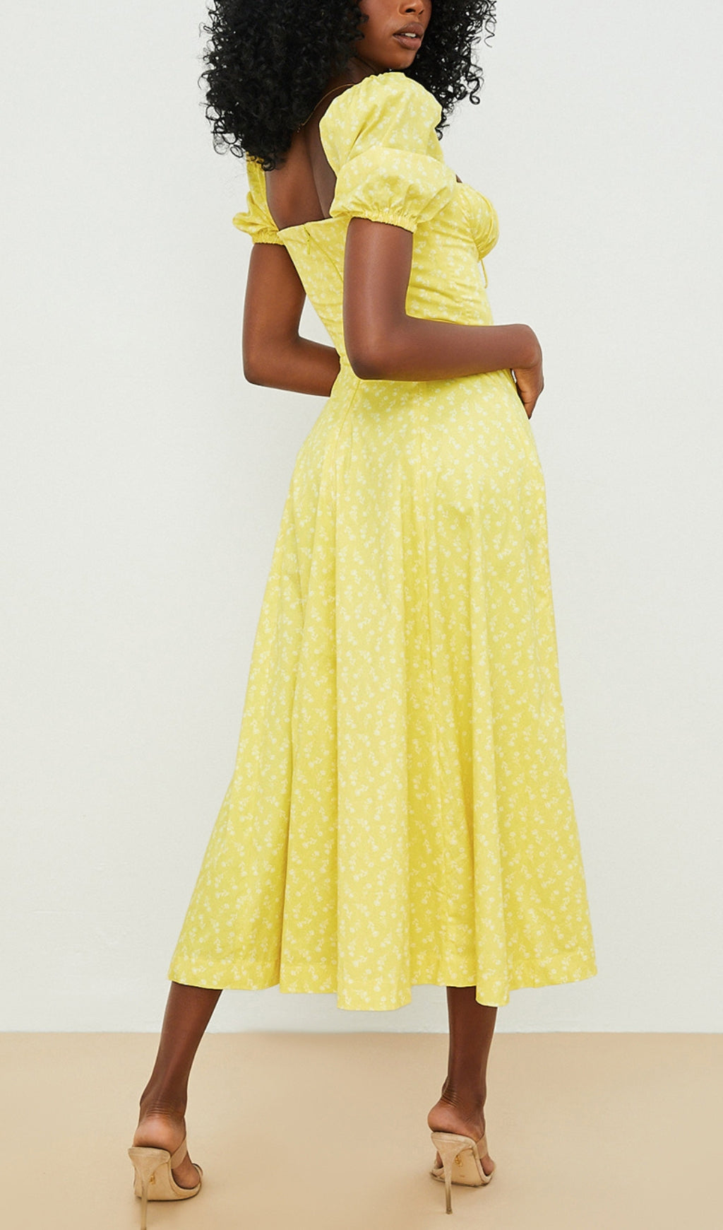 Fashionslee Women Vintage Floral Puff Sleeve Midi Dress In Yellow