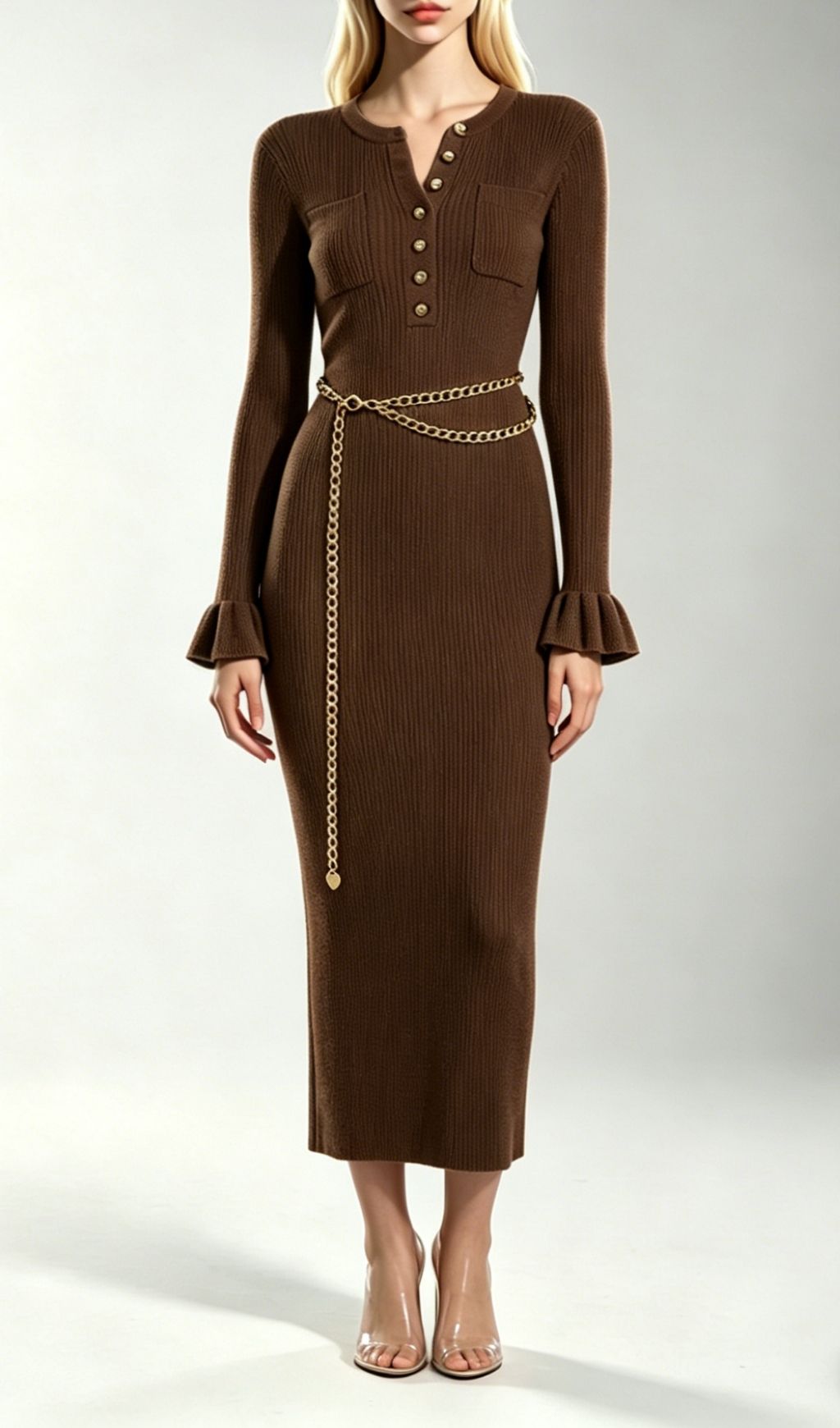 Fashionslee Women Kimani Coffee Knit Long Sleeve Dress With Chain