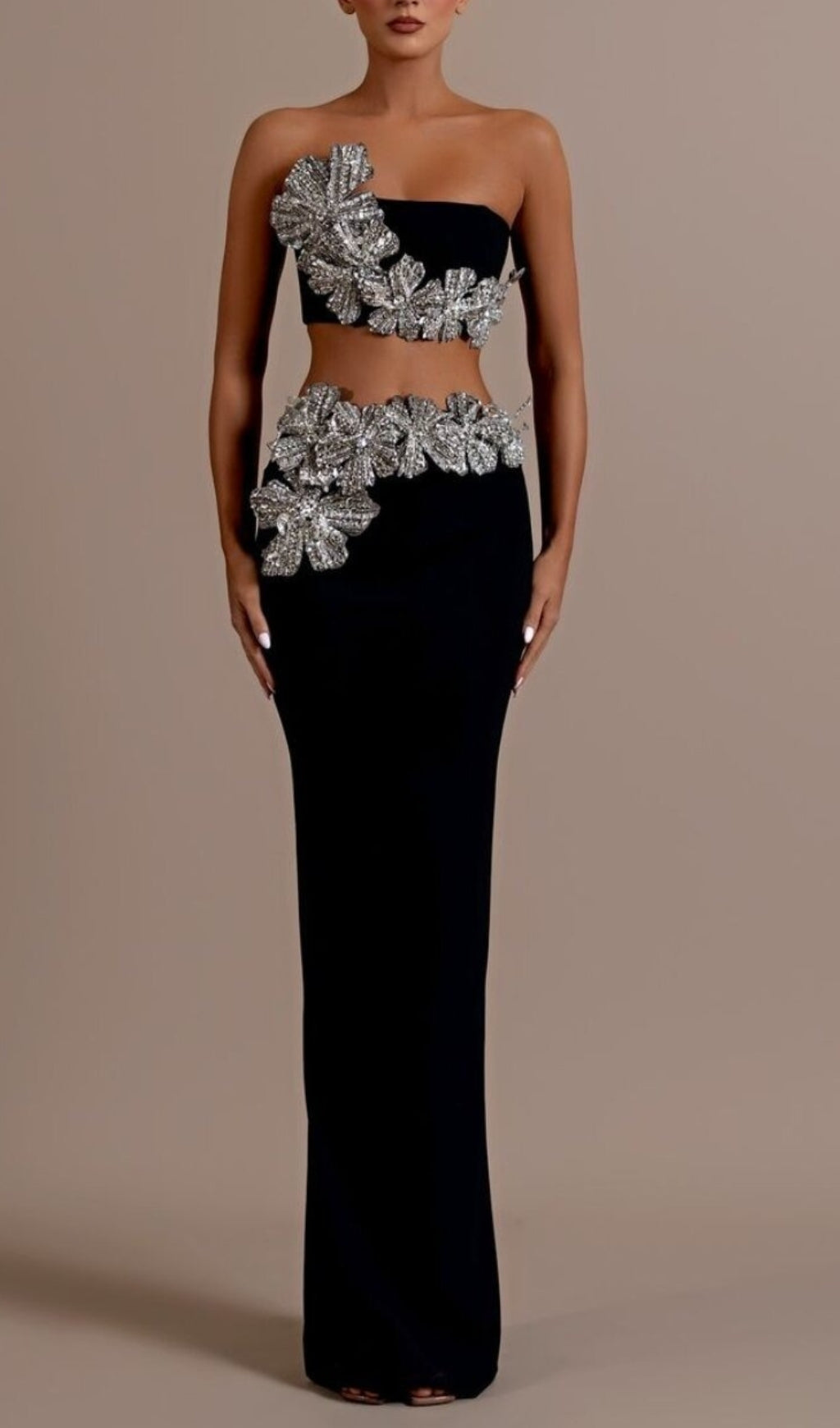 Fashionslee Women Banner Black Flower Crystal Two-Piece Set