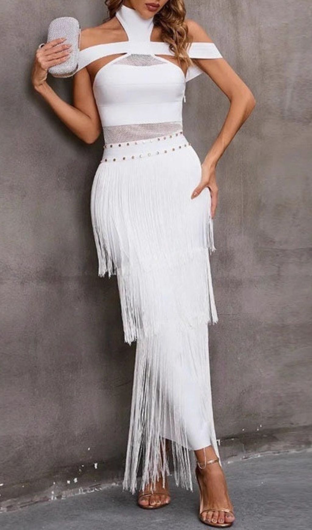 8f40d9a18a456f2d24f41a5495bc6f78.jpg Fashionslee Women Fermin White Halterneck Bandage Fringe Midi Dress