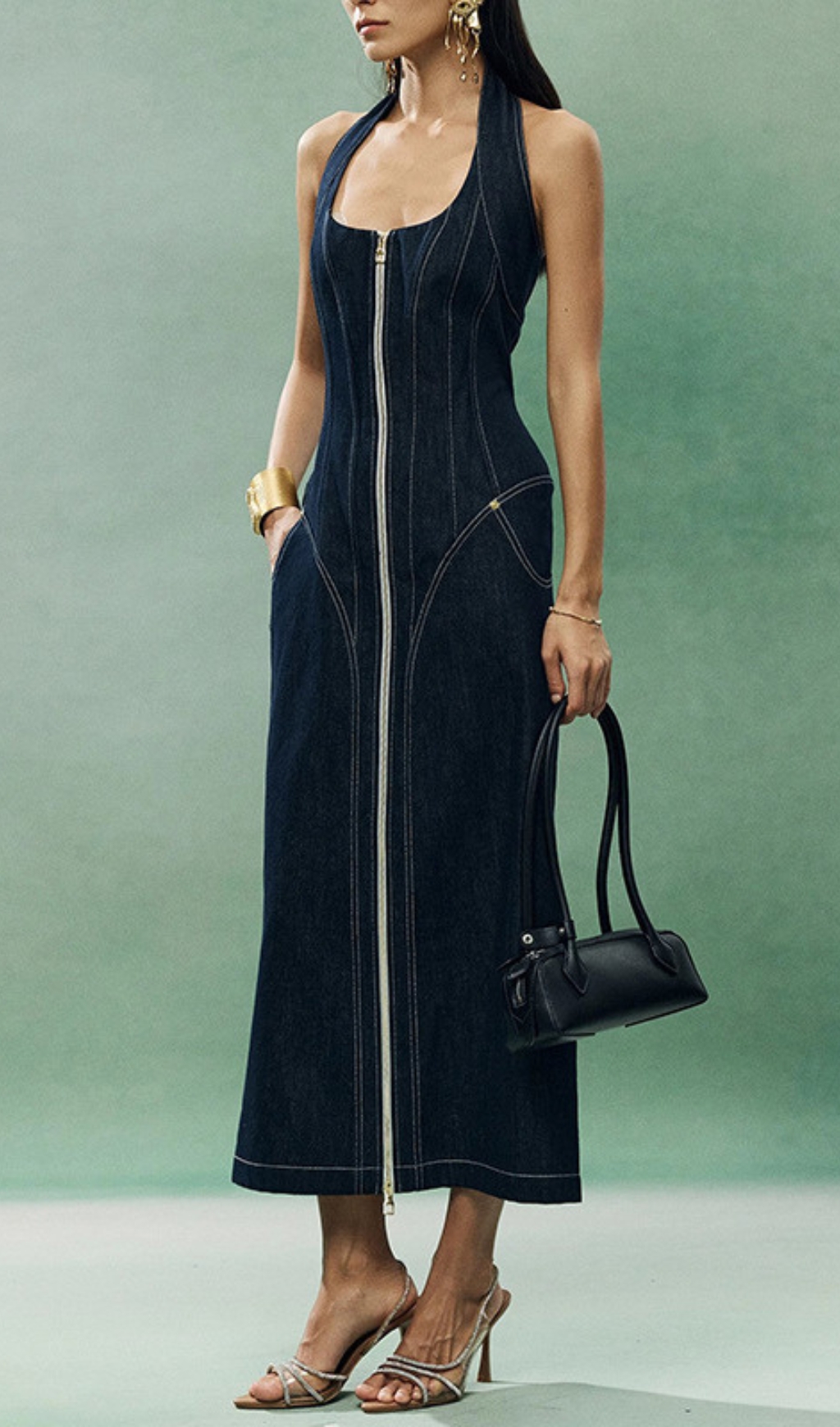 Fashionslee Women Everlee Halter Denim Midi Dress