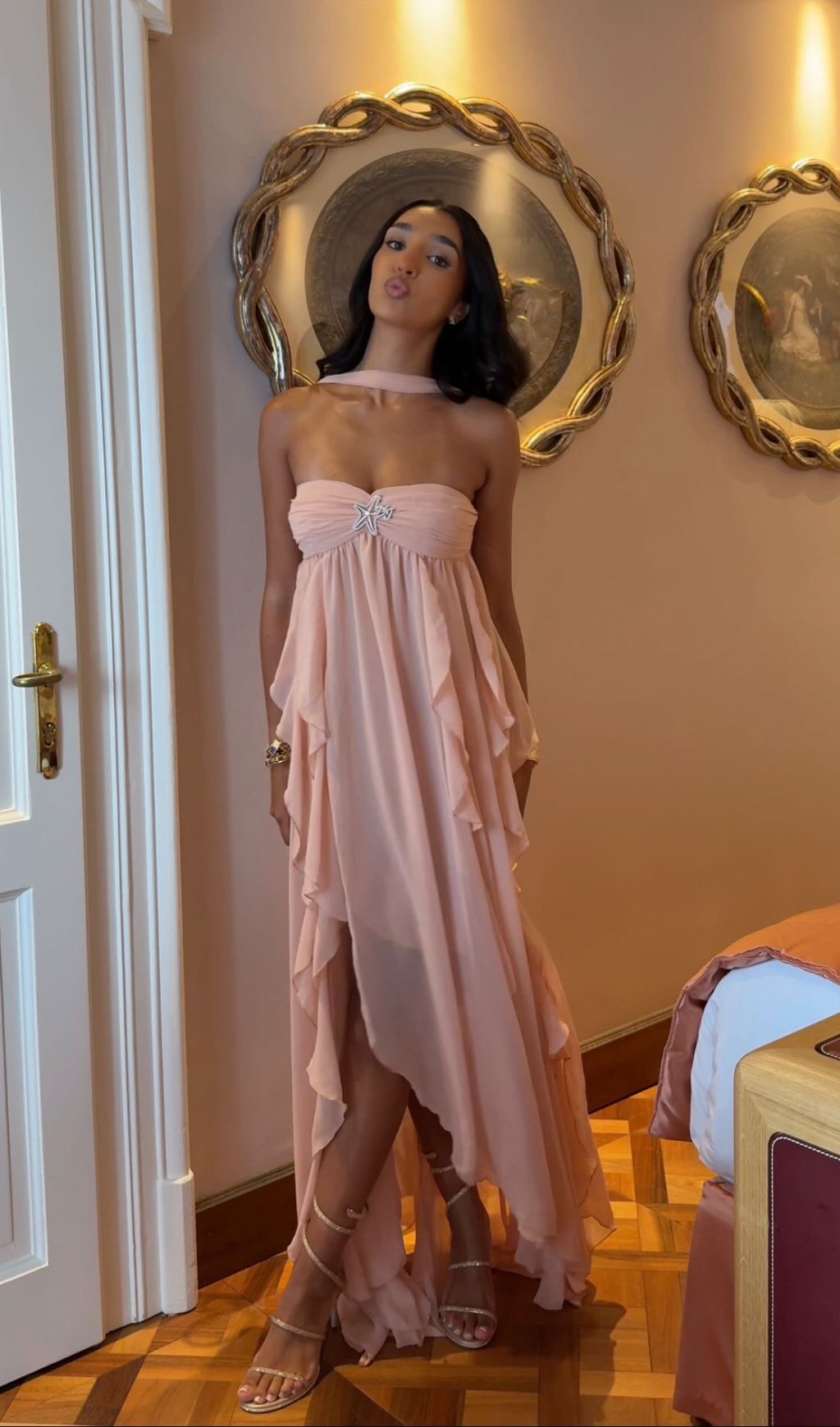 VIRAL NUDE BACKLESS MAXI DRESS IN LAYERED CHIFFON - OWNCI