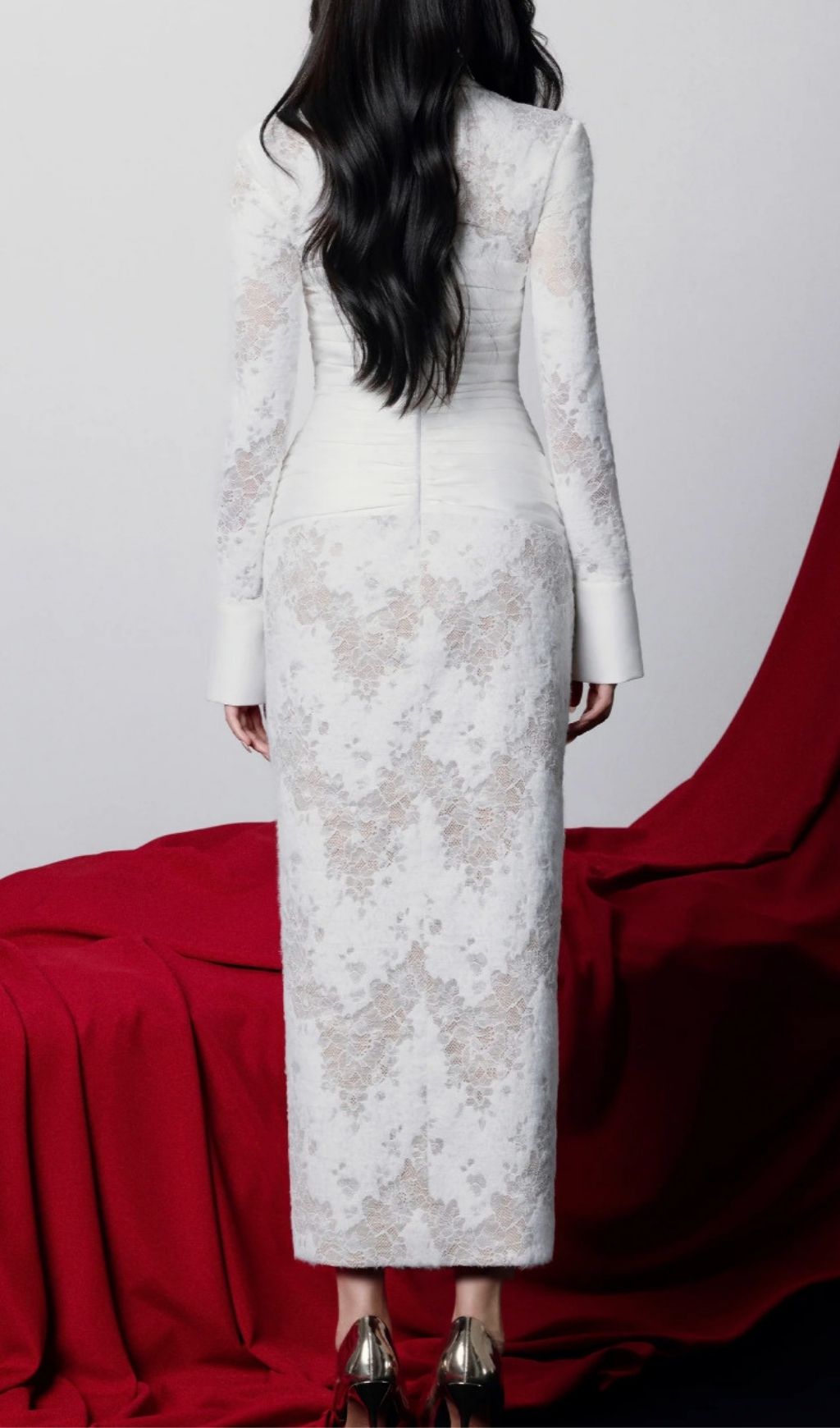 Fashionslee Women Kerani White Lace Long Sleeve Midi Dress