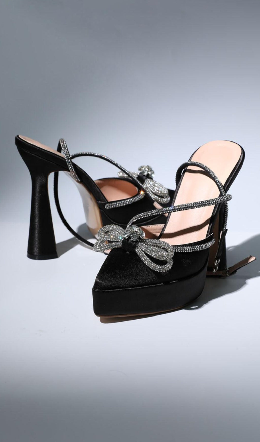 Fashionslee Women Bow Crystal Satin Heels In Black